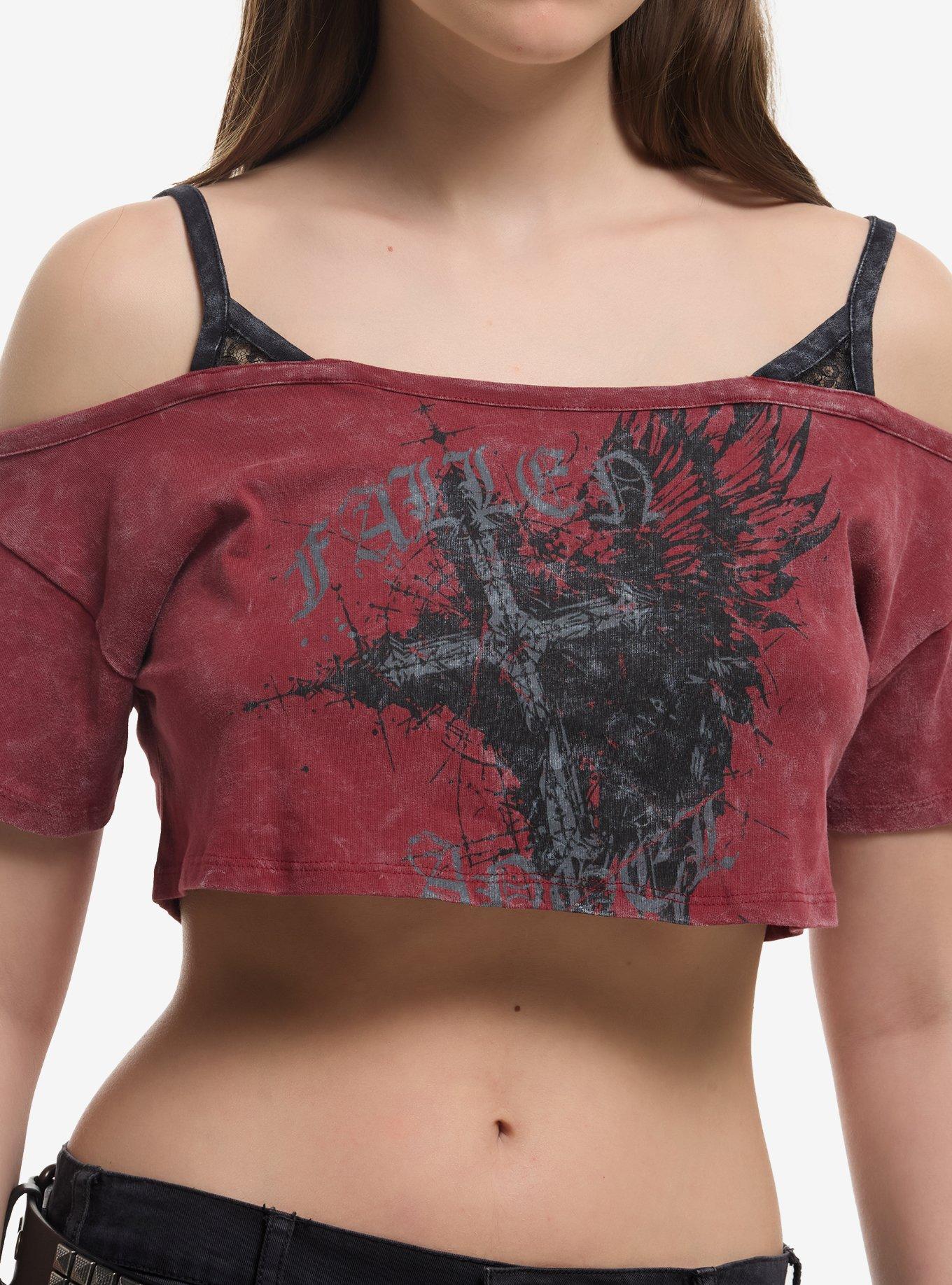 Social Collision Fallen Angel Cropped Girls Cold-Shoulder Top, , hi-res