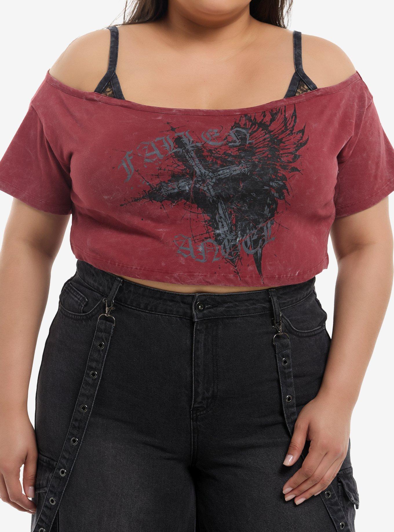 Social Collision Fallen Angel Cropped Girls Cold-Shoulder Top Plus Size, , hi-res