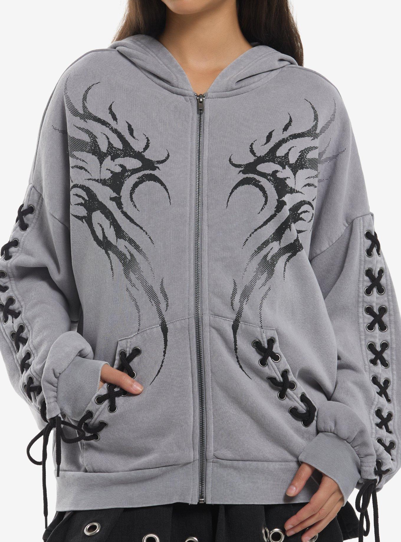 Social Collision Grey & Black Tribal Lace-Up Girls Hoodie, , hi-res