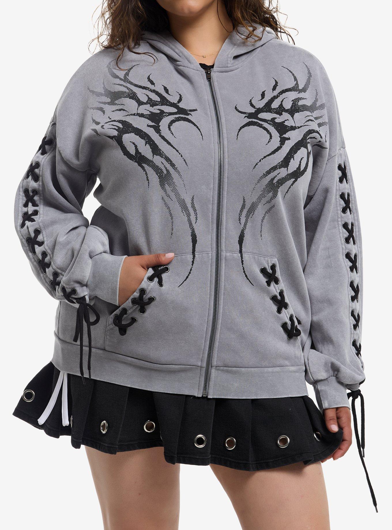 Social Collision Grey & Black Tribal Lace-Up Girls Hoodie Plus Size, , hi-res