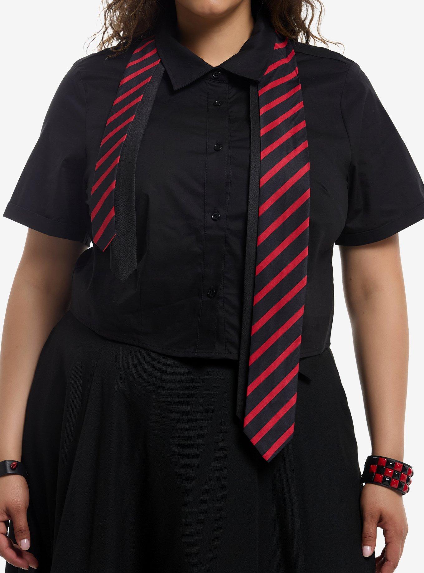 Social Collision Black & Red Stripe Tie Girls Crop Woven Button-Up Plus Size, , hi-res