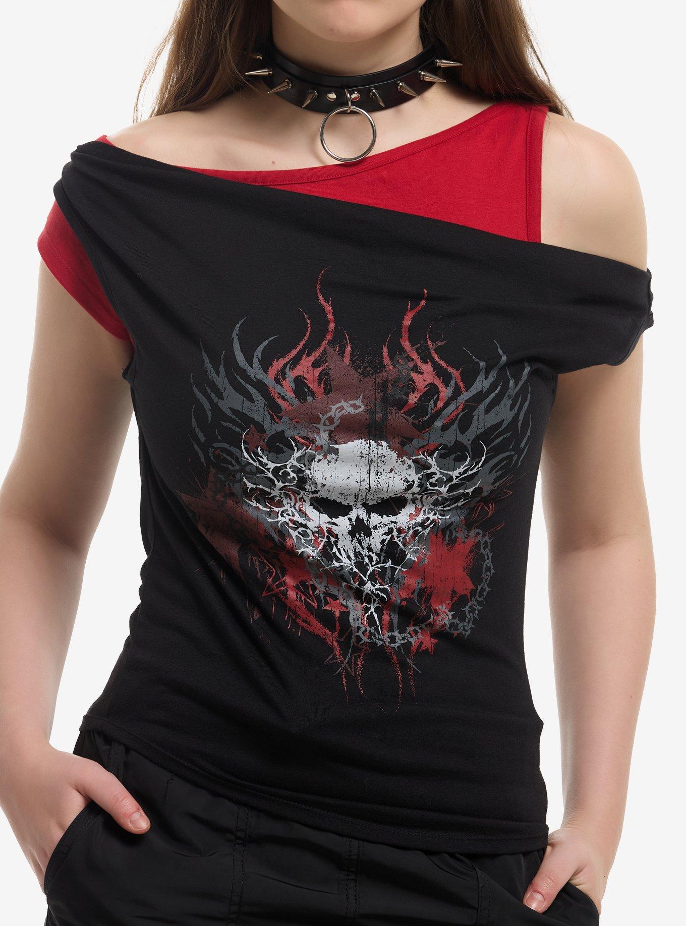 Social Collision Jagged Skull Girls Twofer Top, , hi-res