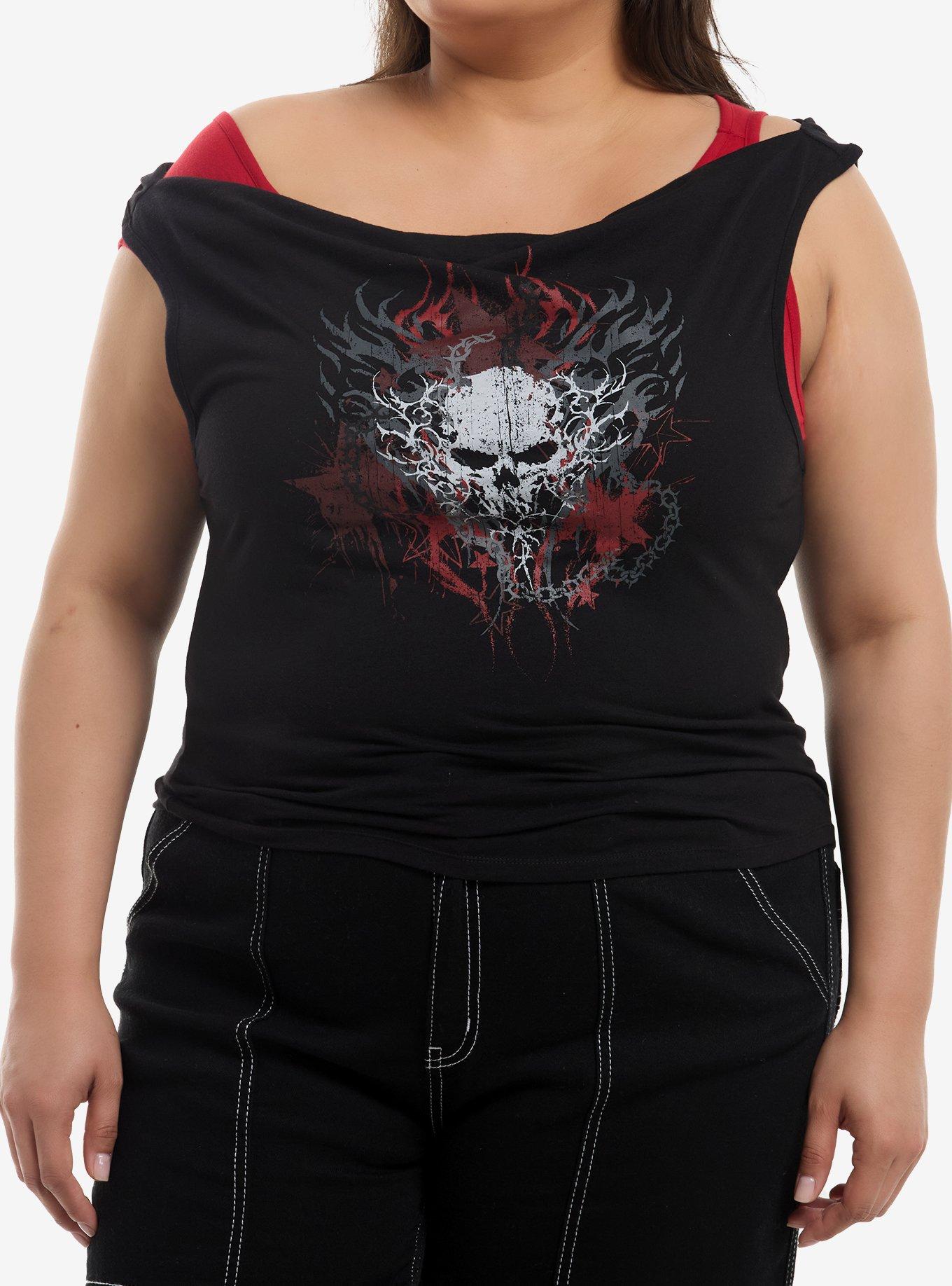 Social Collision Jagged Skull Girls Twofer Top Plus Size, , hi-res