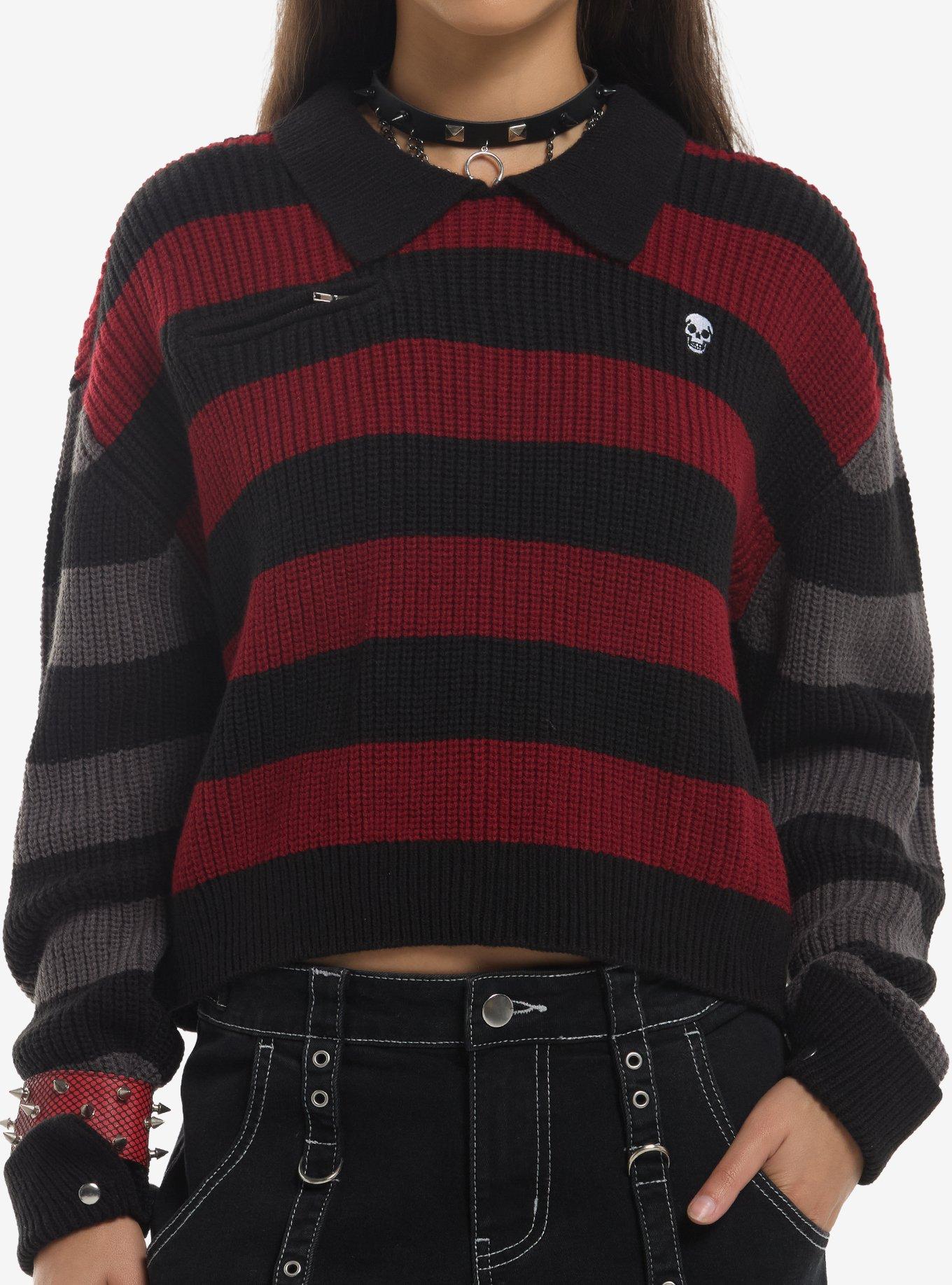 Social Collision Black Grey & Red Stripe Girls Crop Sweater, , hi-res