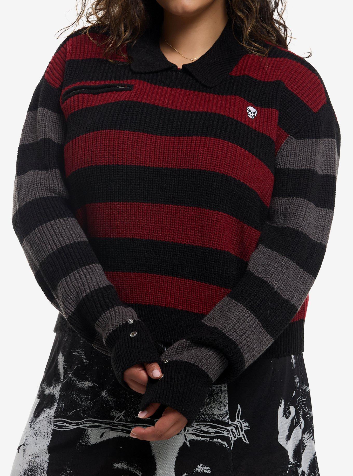 Social Collision Black Grey & Red Stripe Girls Crop Sweater Plus Size, , hi-res