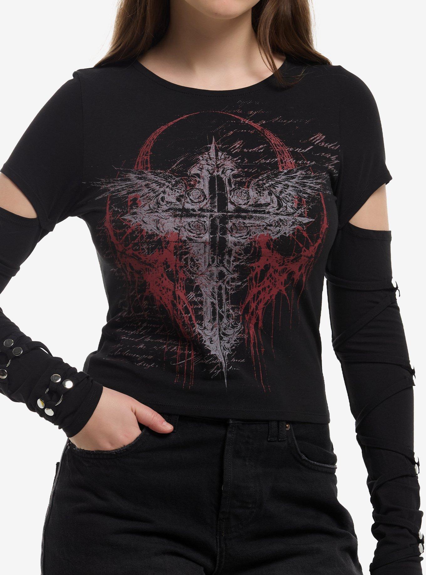Social Collision Winged Cross Strappy Girls Long-Sleeve Top, , hi-res