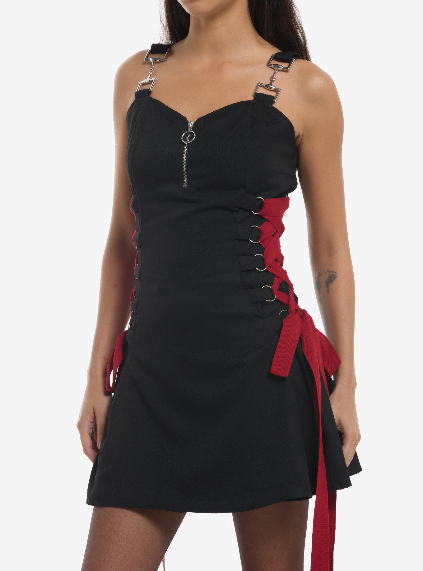 Social Collision Black & Red Zipper Lace-Up Dress, , hi-res