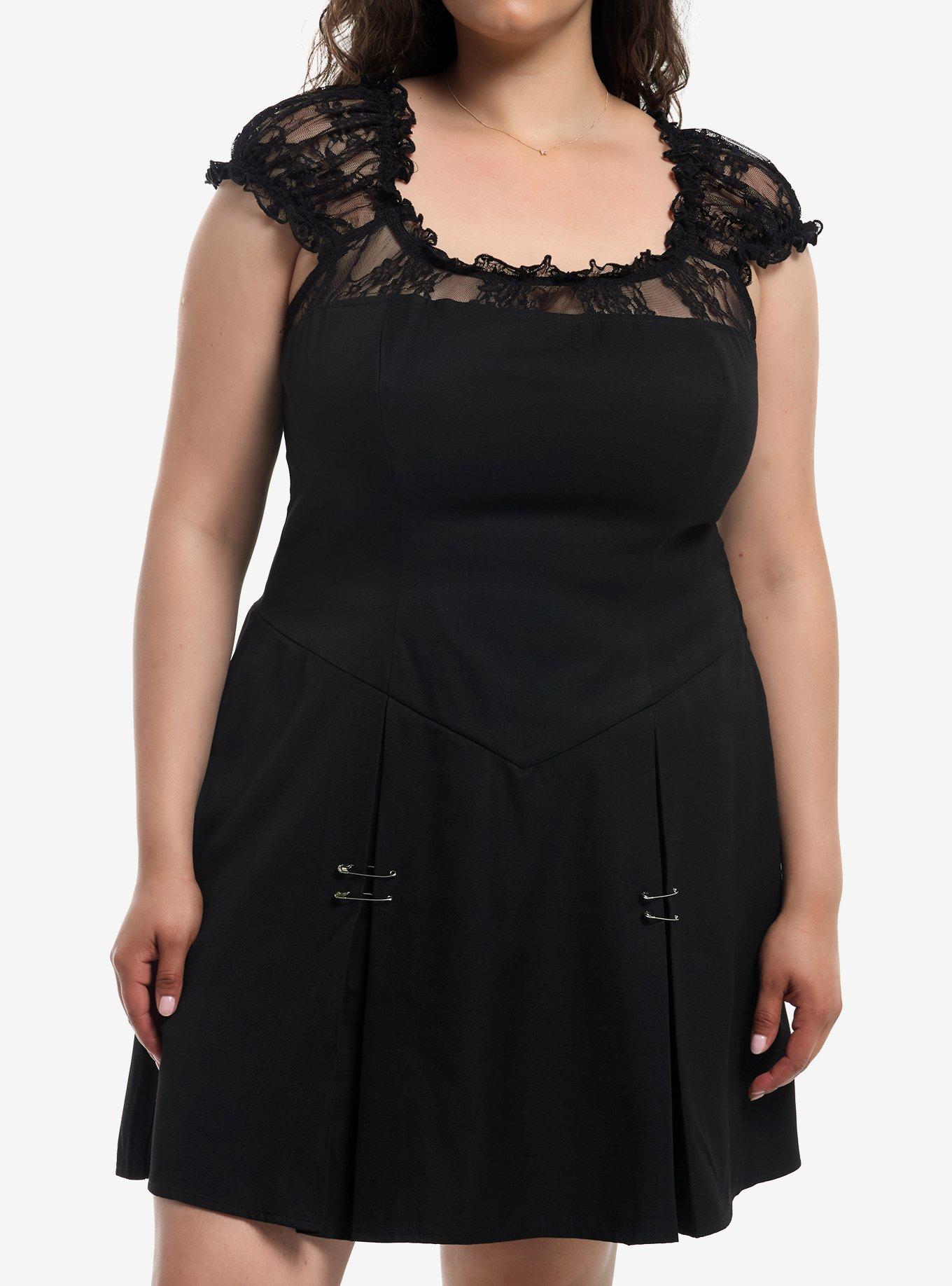 Social Collision Black Lace Safety Pin Dress Plus Size, , hi-res