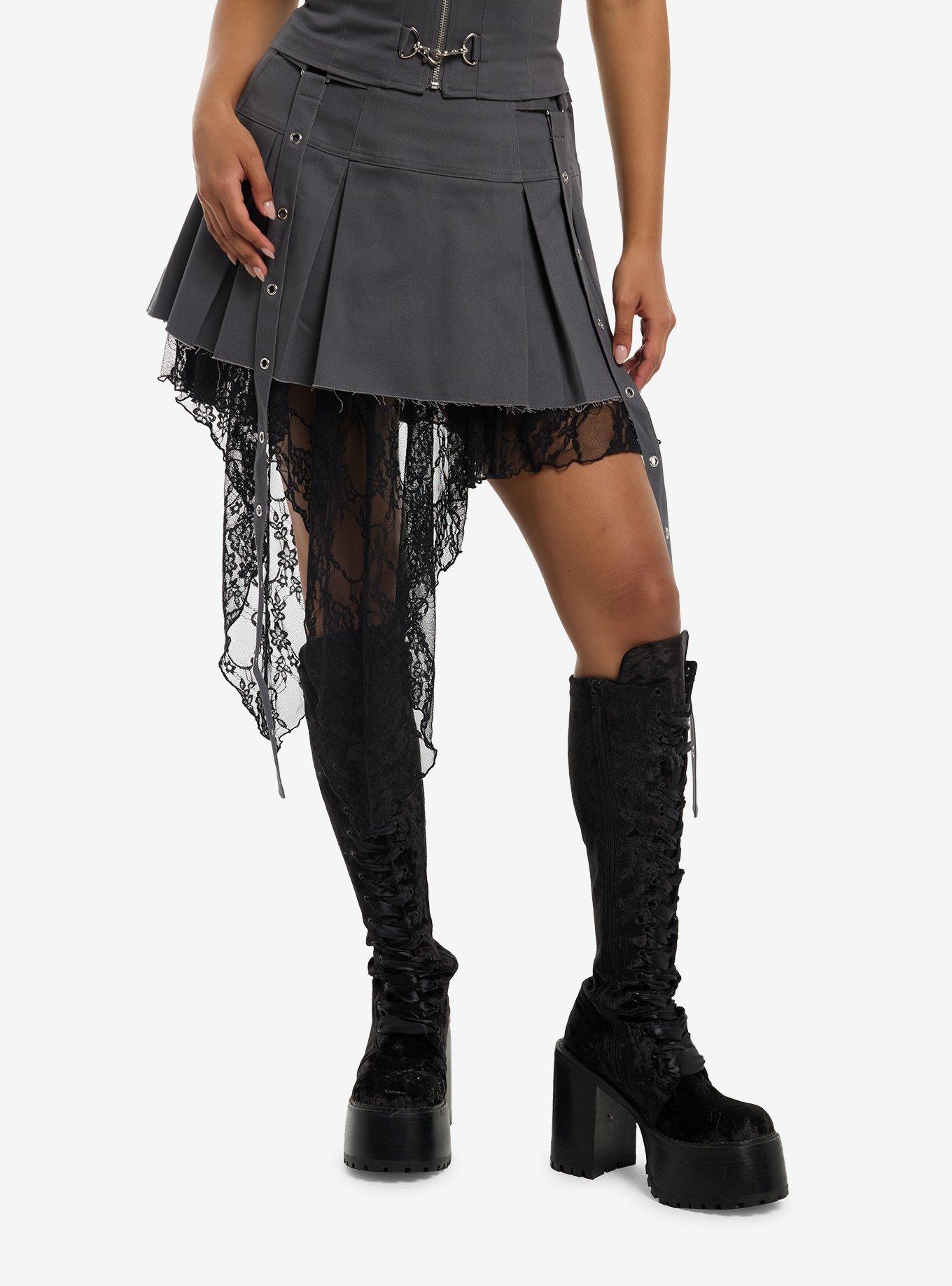 Social Collision Grey Hanky Hem Lace Layered Skirt, , hi-res