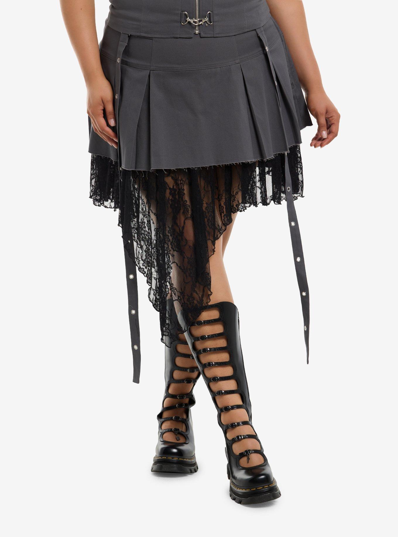 Social Collision Grey Hanky Hem Lace Layered Skirt Plus Size, , hi-res
