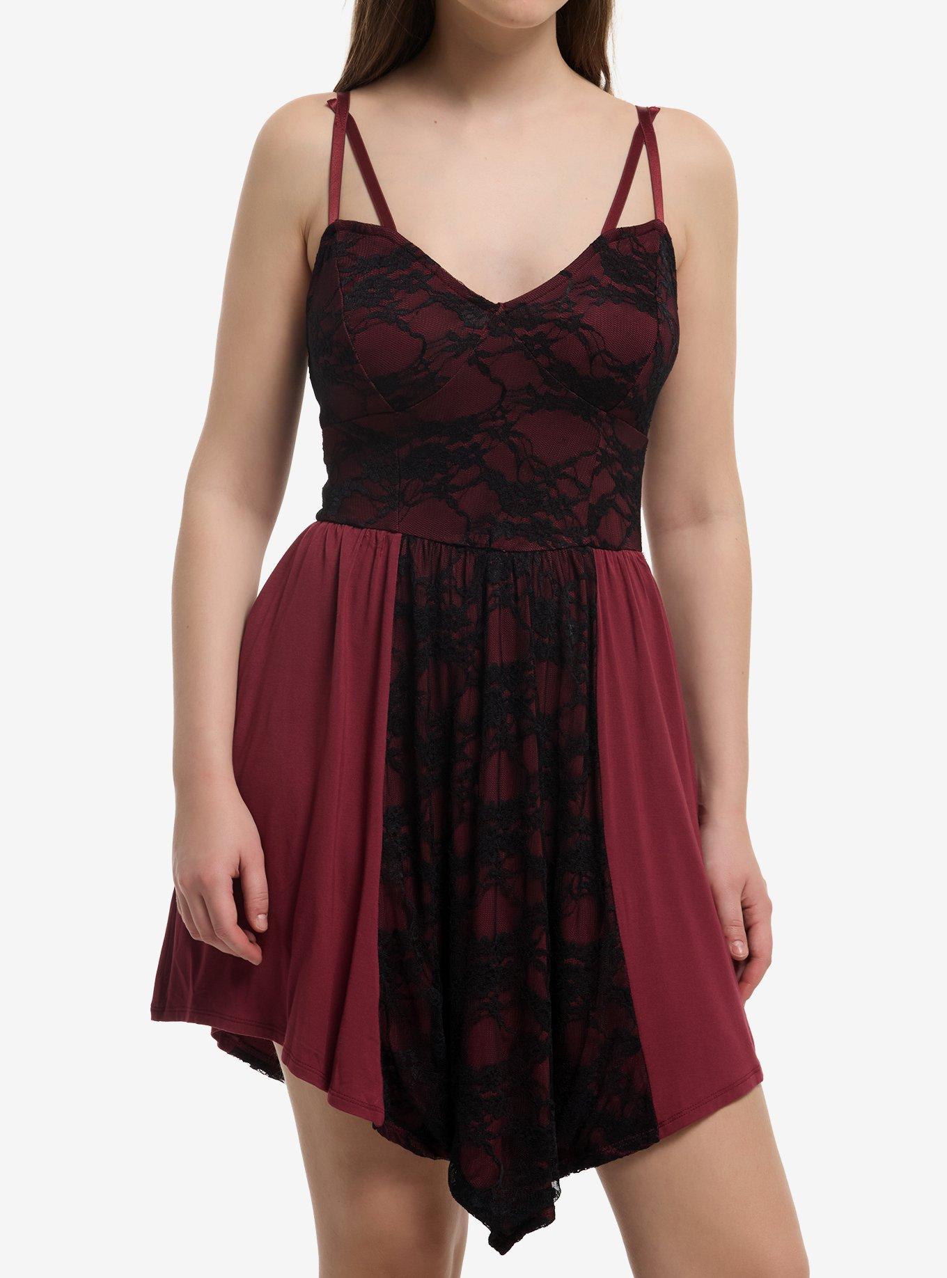 Maroon & Black Lace Panel Cami Dress, , hi-res