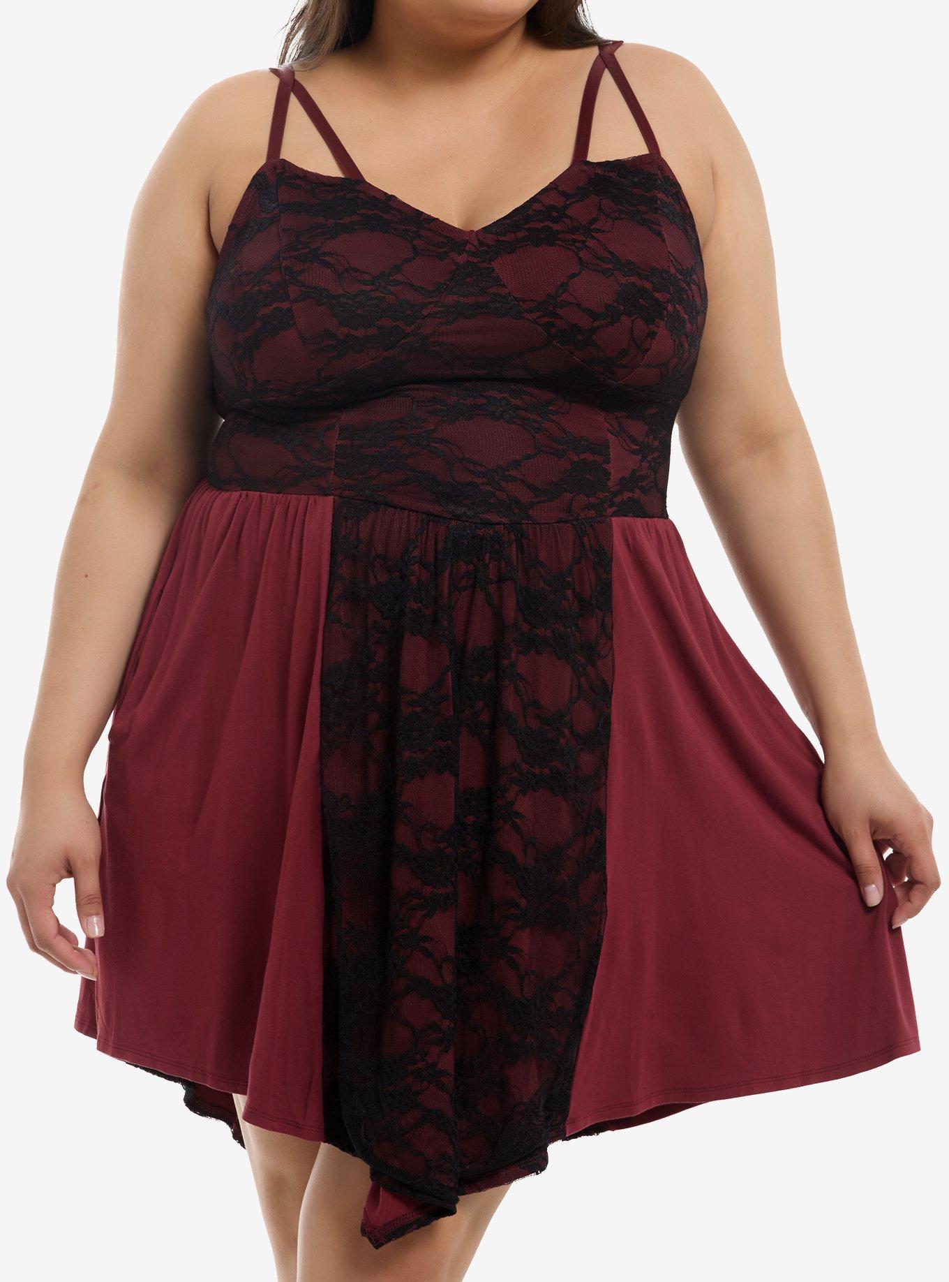 Maroon & Black Lace Panel Cami Dress Plus Size, , hi-res