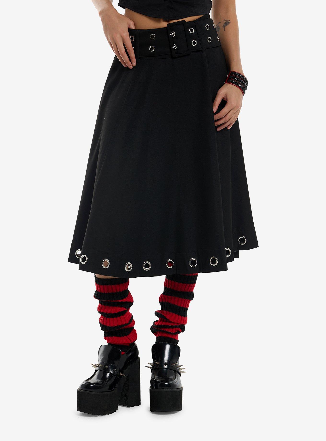 Social Collision Black Grommet Belted Circle Skirt, , hi-res