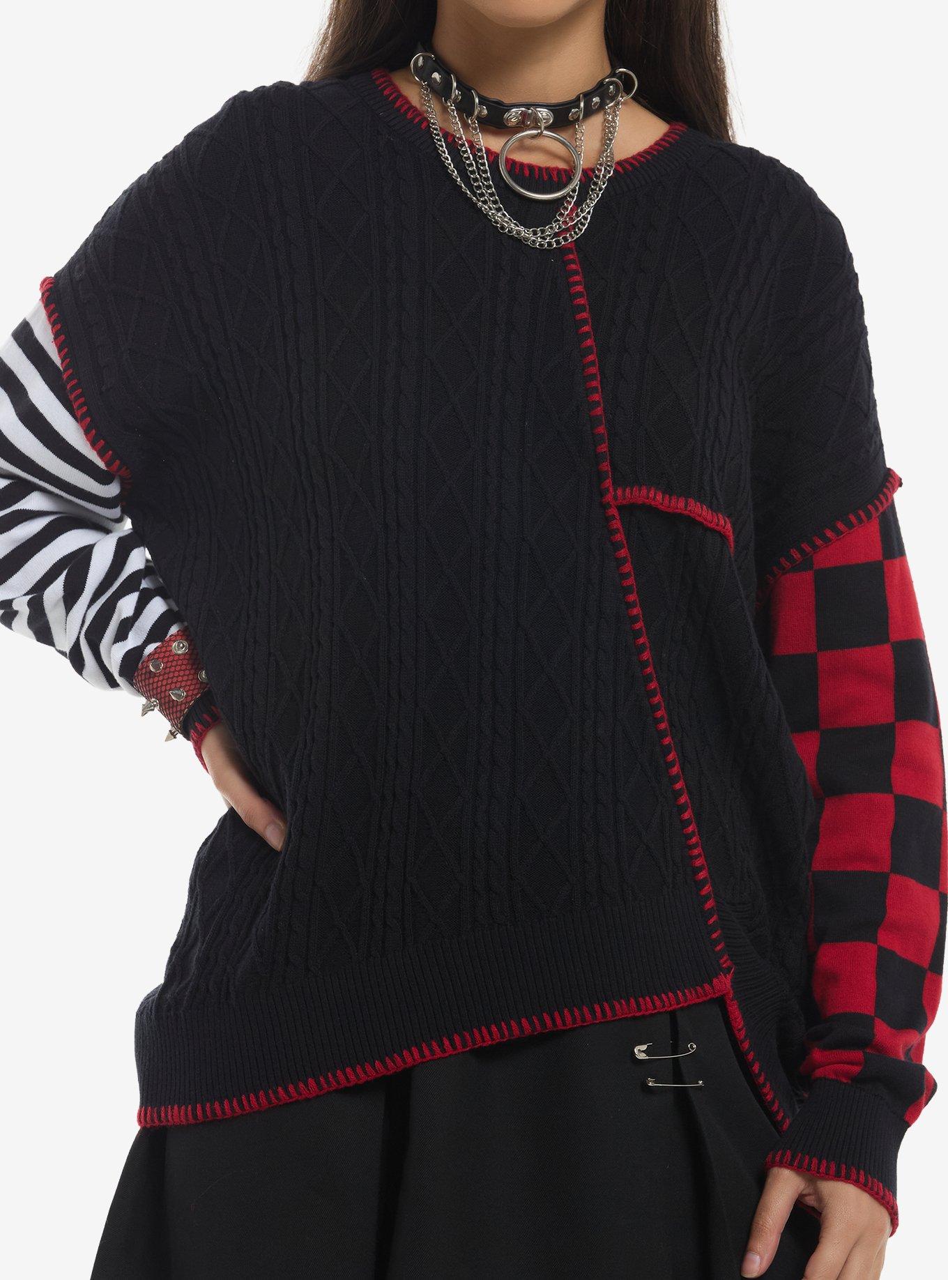 Social Collision Patchwork Asymmetrical Girls Sweater, , hi-res