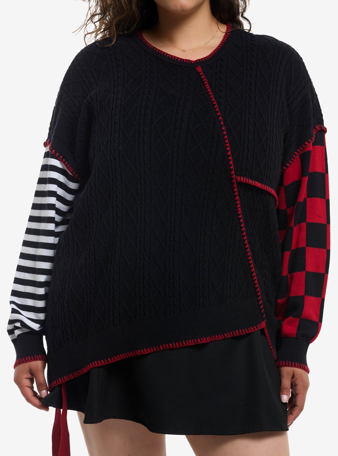 Social Collision Patchwork Asymmetrical Girls Sweater Plus Size, , hi-res