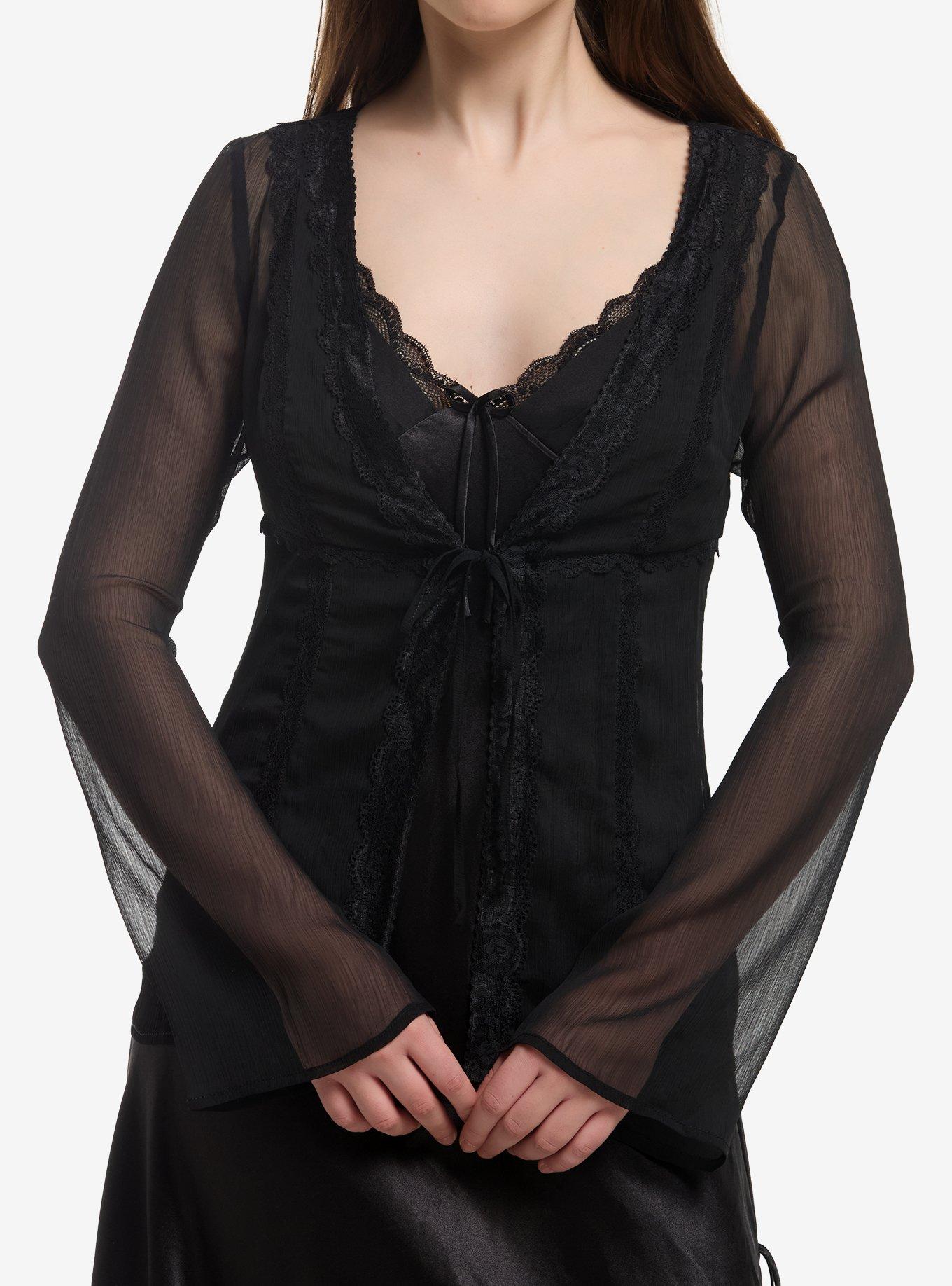 Black Lace Girls Tie-Front Top, , hi-res