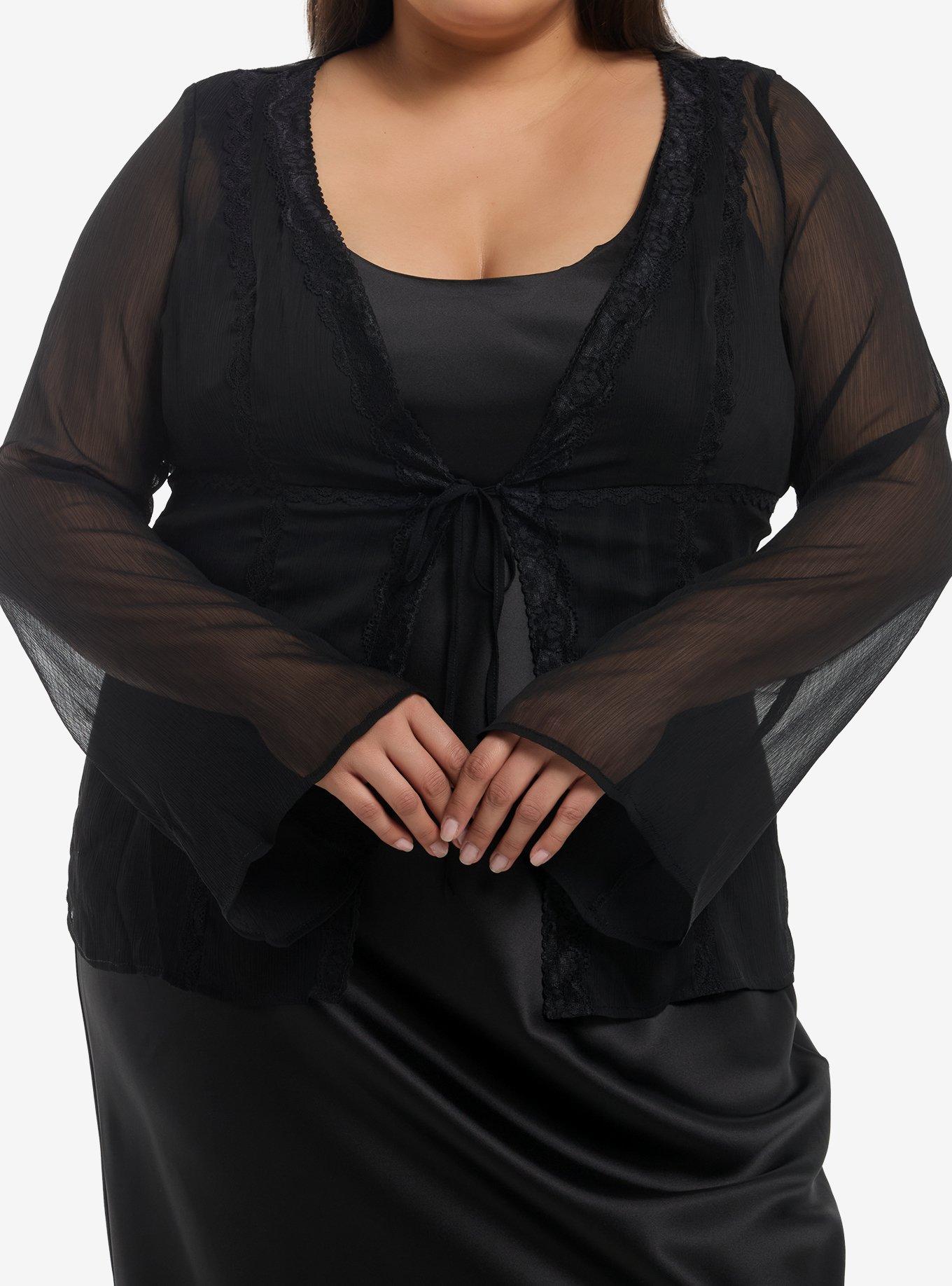 Black Lace Girls Tie-Front Top Plus Size, , hi-res