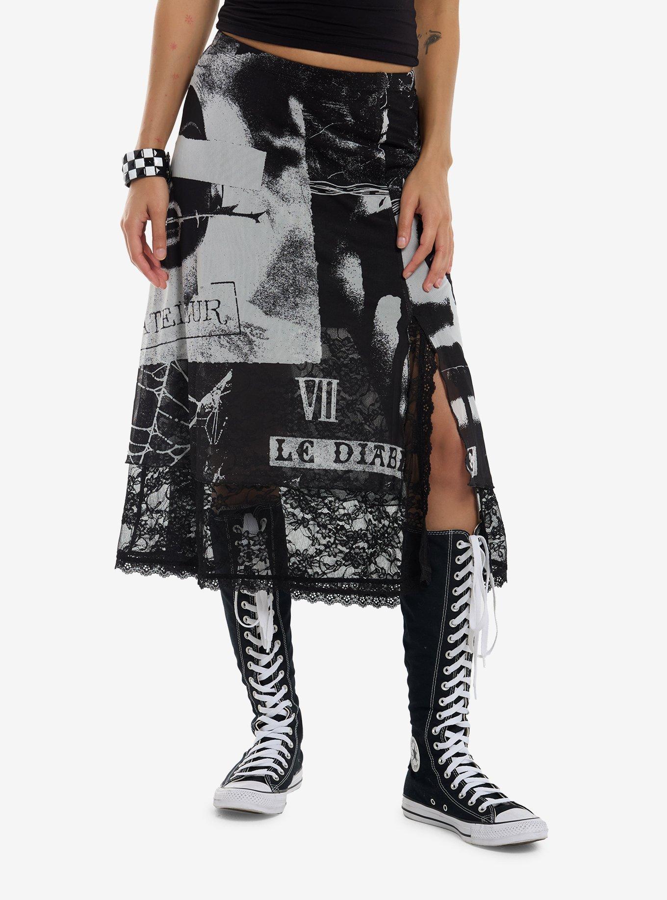 Social Collision Punk Collage Lace Layered Midi Skirt, , hi-res