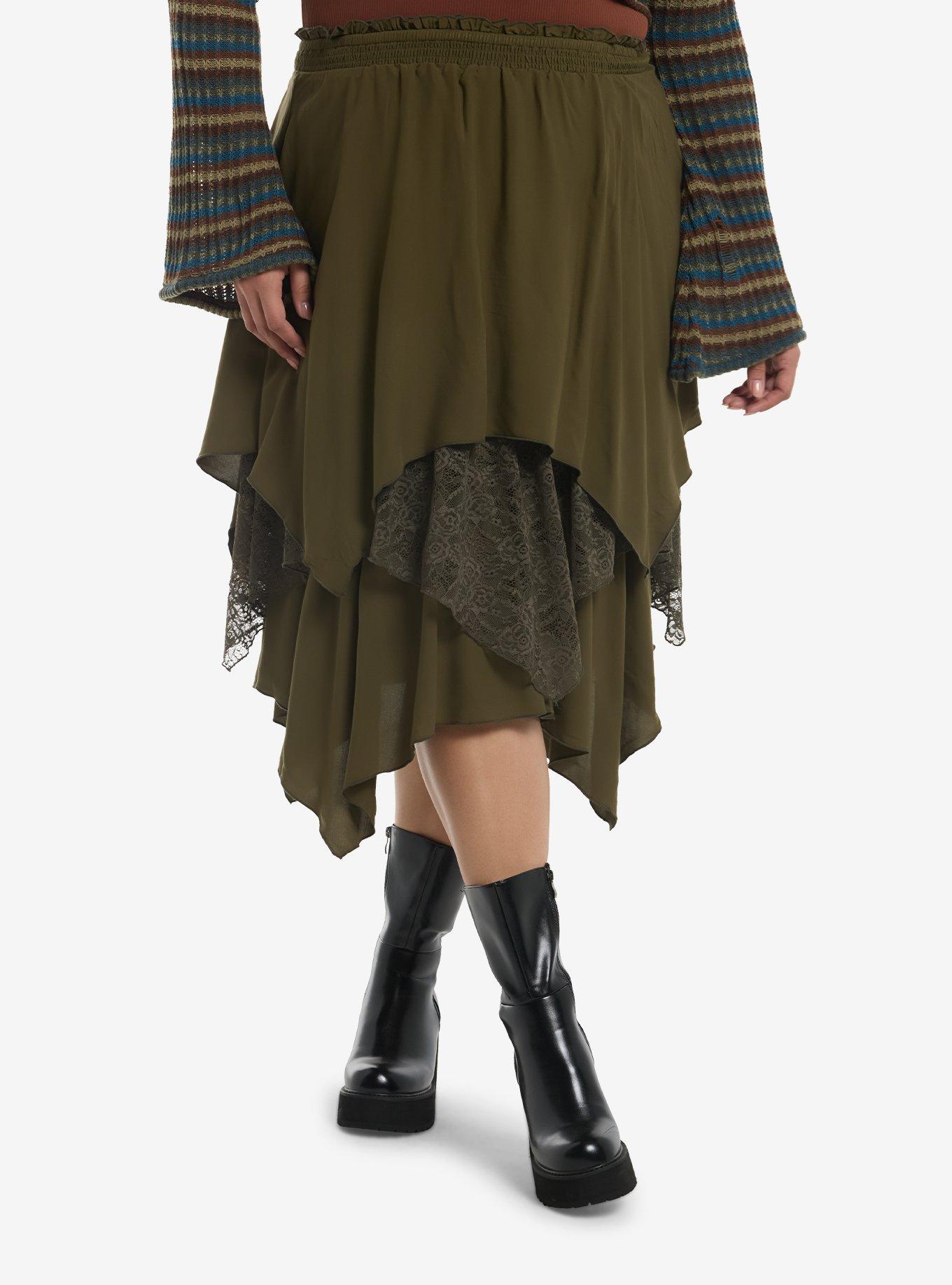 Thorn & Fable Dark Olive Lace Layered Midi Skirt Plus Size | Hot Topic