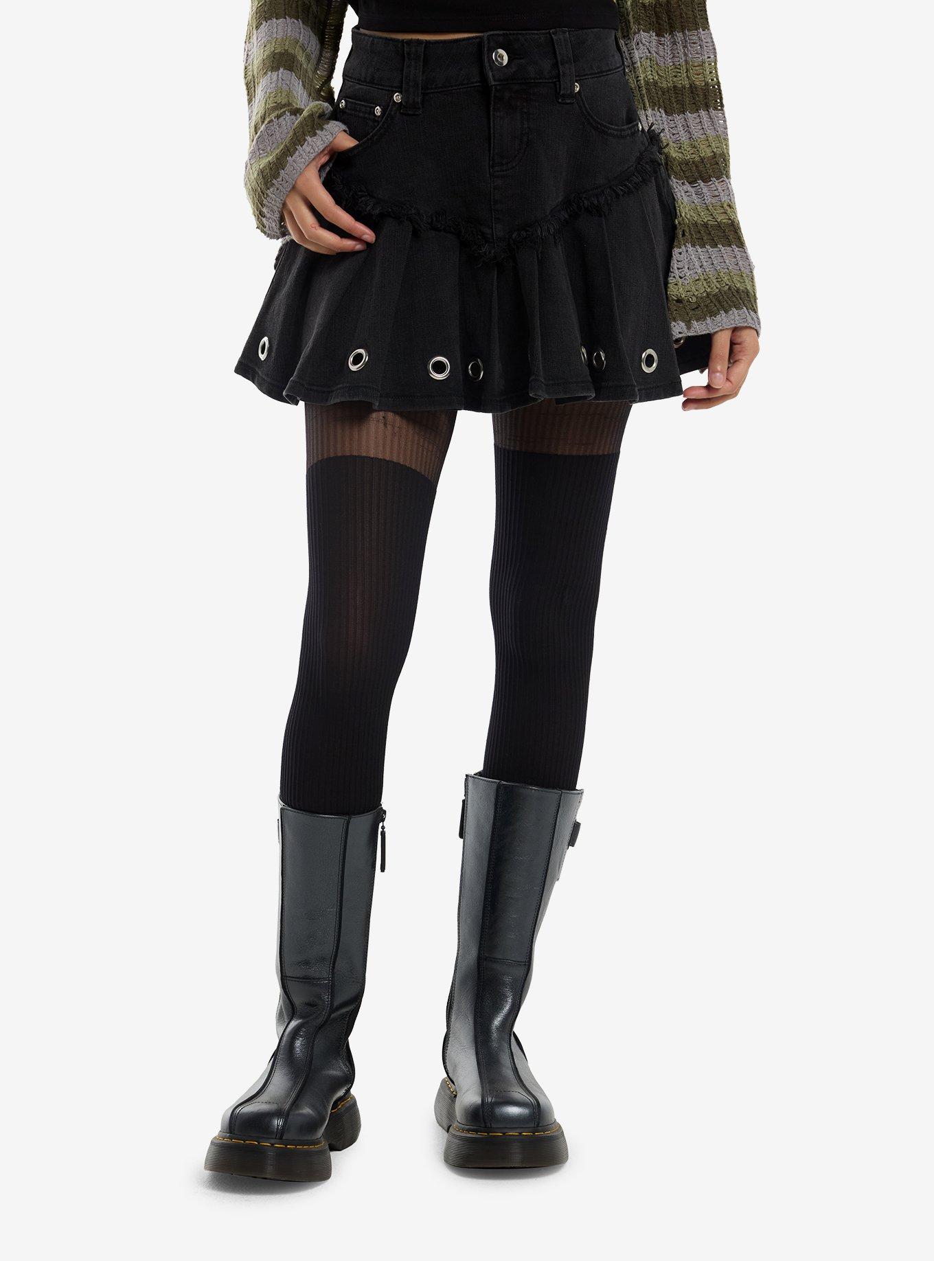 Social Collision Washed Black Grommet Pleated Mini Skirt, , hi-res