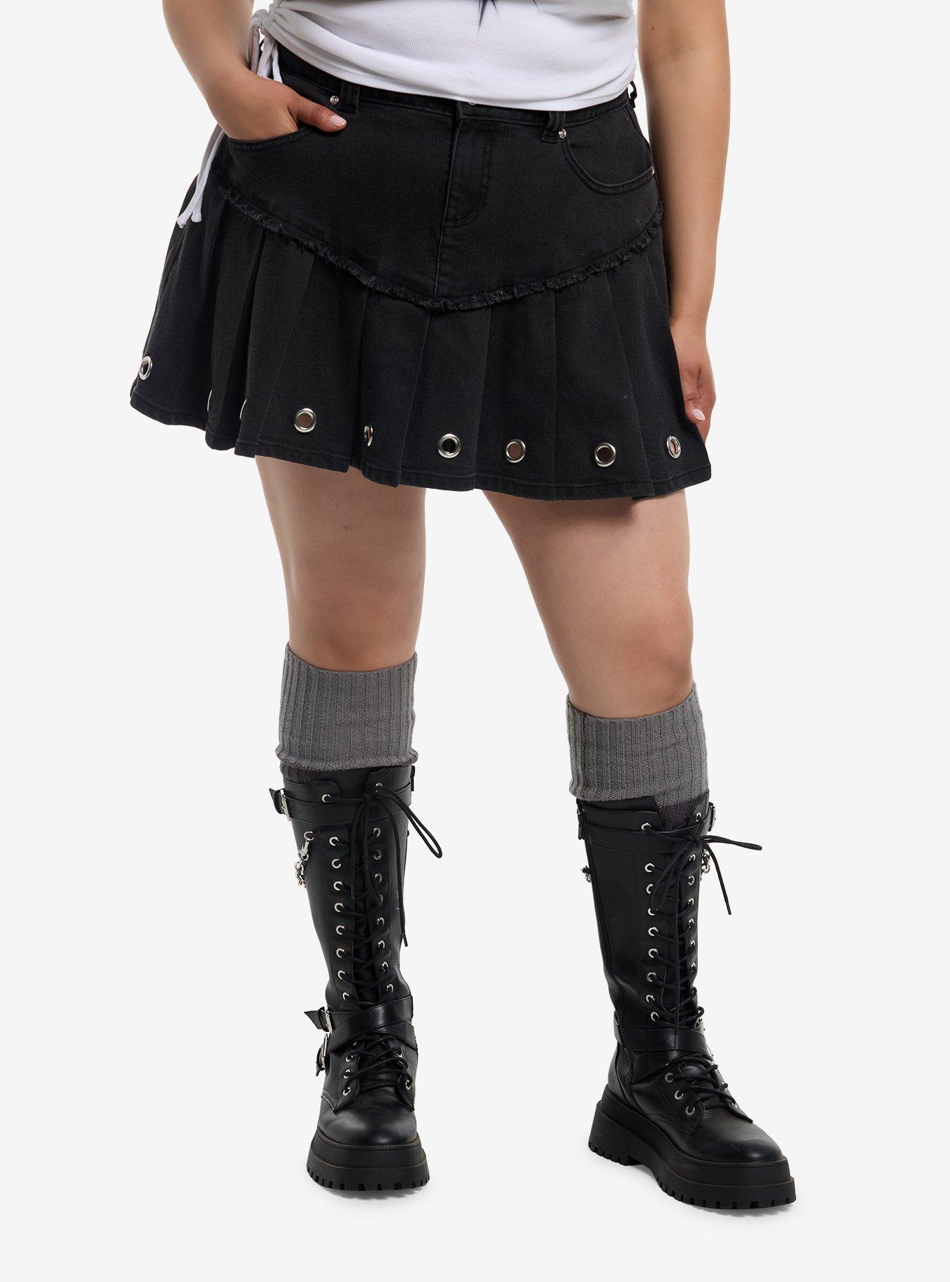 Social Collision Washed Black Grommet Pleated Mini Skirt Plus Size, , hi-res