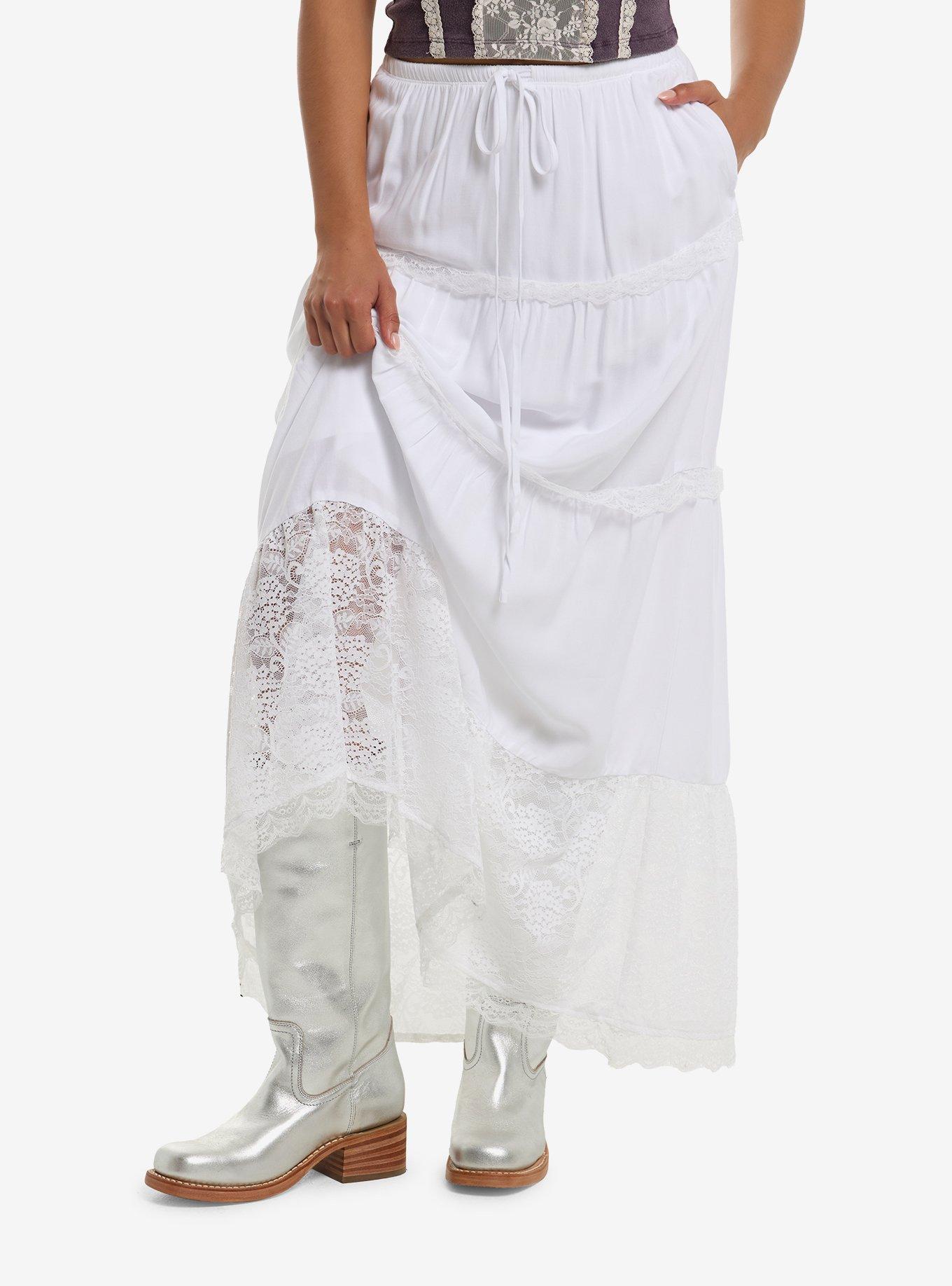 Thorn & Fable White Lace Trim Tiered Maxi Skirt | Hot Topic