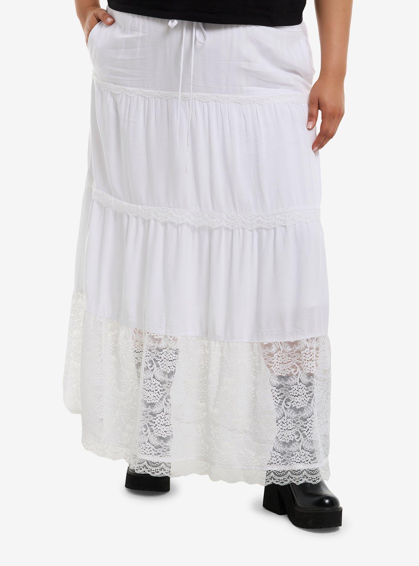 Thorn & Fable White Lace Trim Tiered Maxi Skirt Plus Size, , hi-res