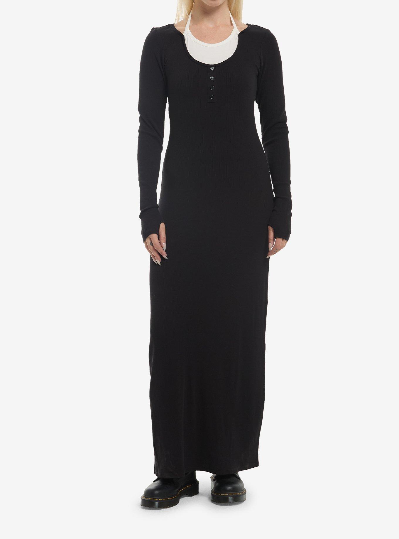 Black Halter Long-Sleeve Maxi Dress, , hi-res