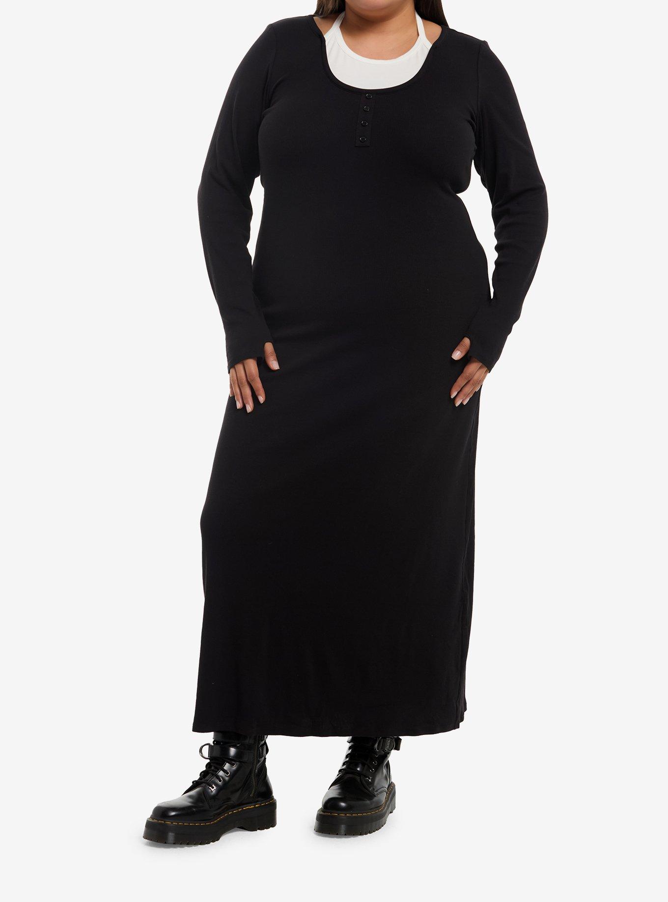 Black Halter Long-Sleeve Maxi Dress Plus Size, , hi-res
