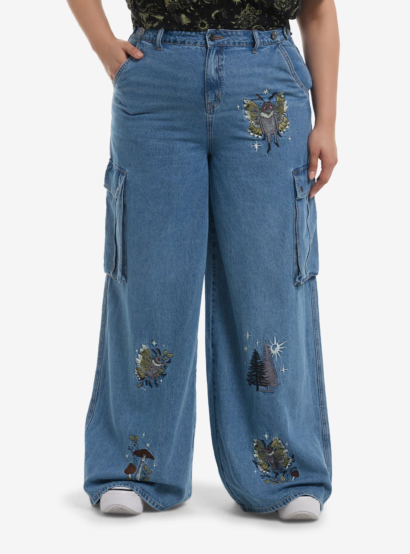 Thorn & Fable Cryptid Forest Embroidered Wide Leg Jeans Plus Size, , hi-res