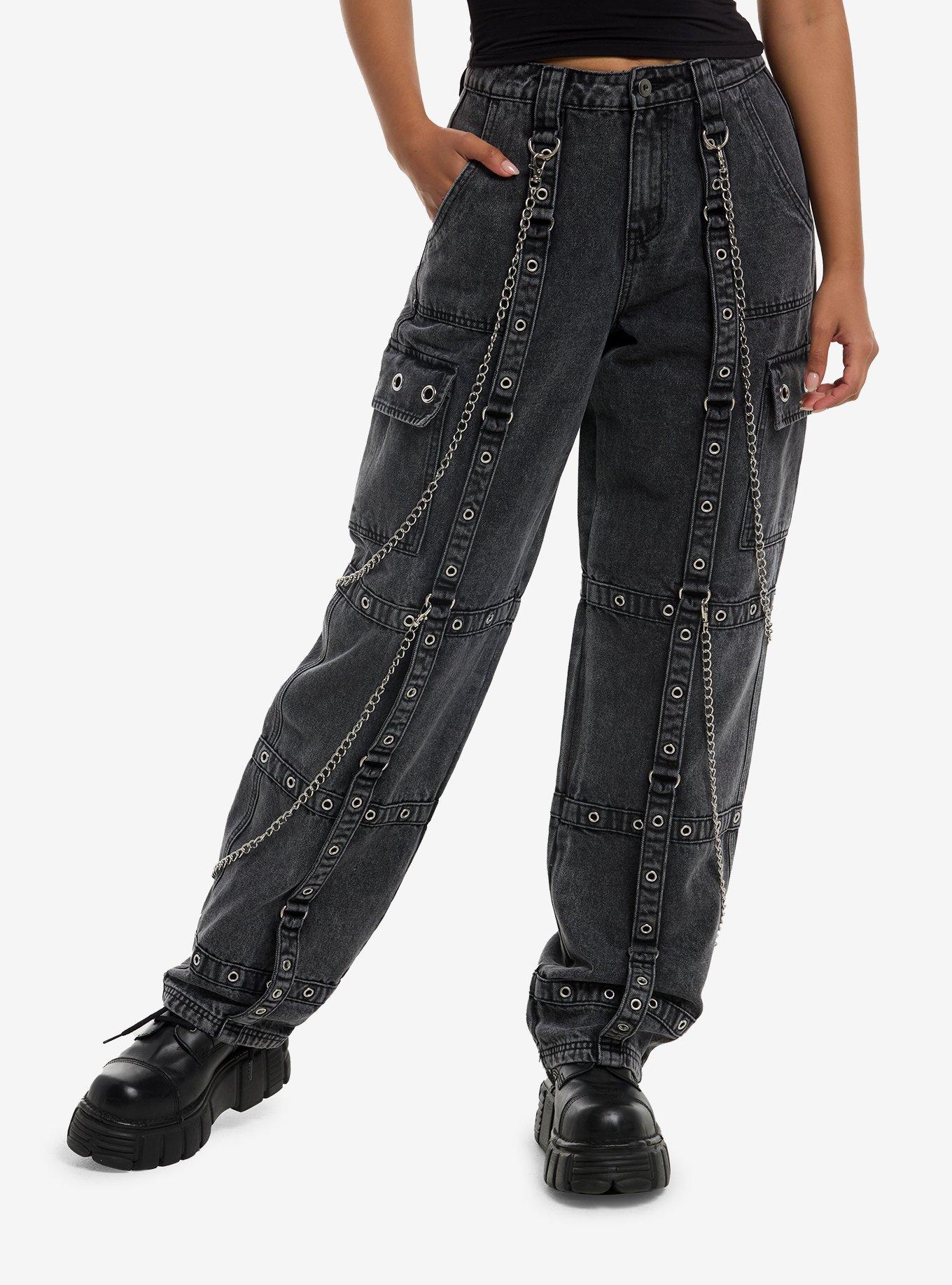 Grey Wash Grommet Strap Side Chain Carpenter Pants | Hot Topic
