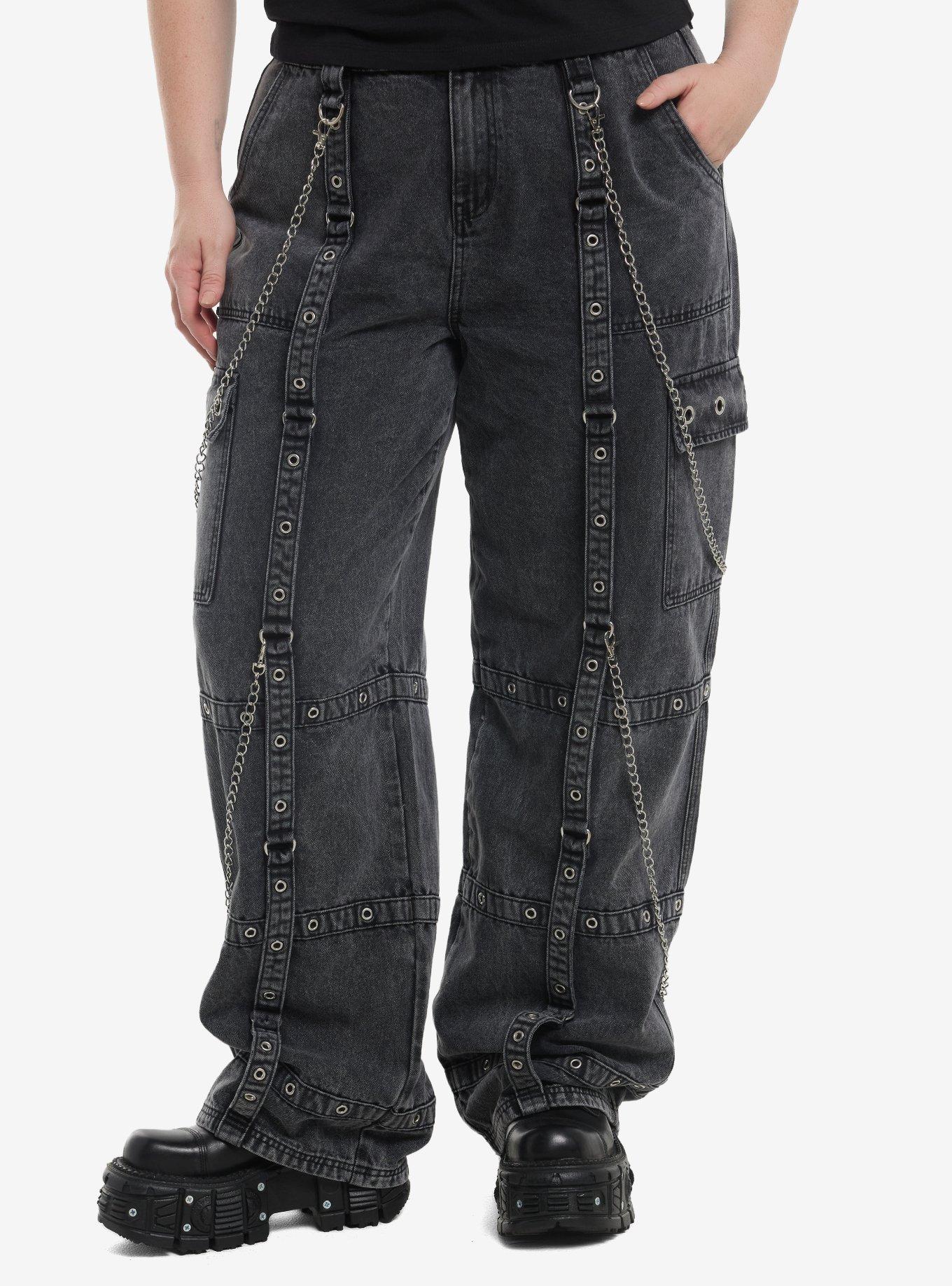 Grey Wash Grommet Strap Side Chain Carpenter Pants Plus Size, , hi-res