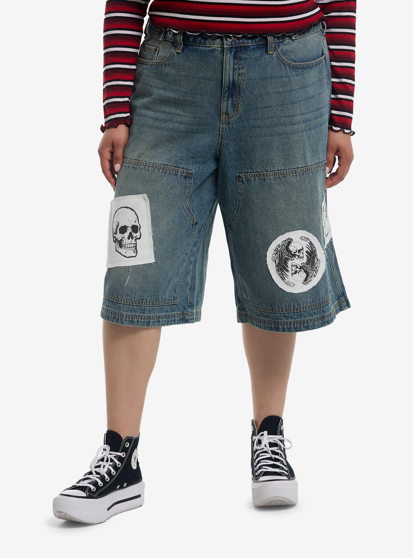 Skull Patches Girls Carpenter Jorts Plus Size, , hi-res