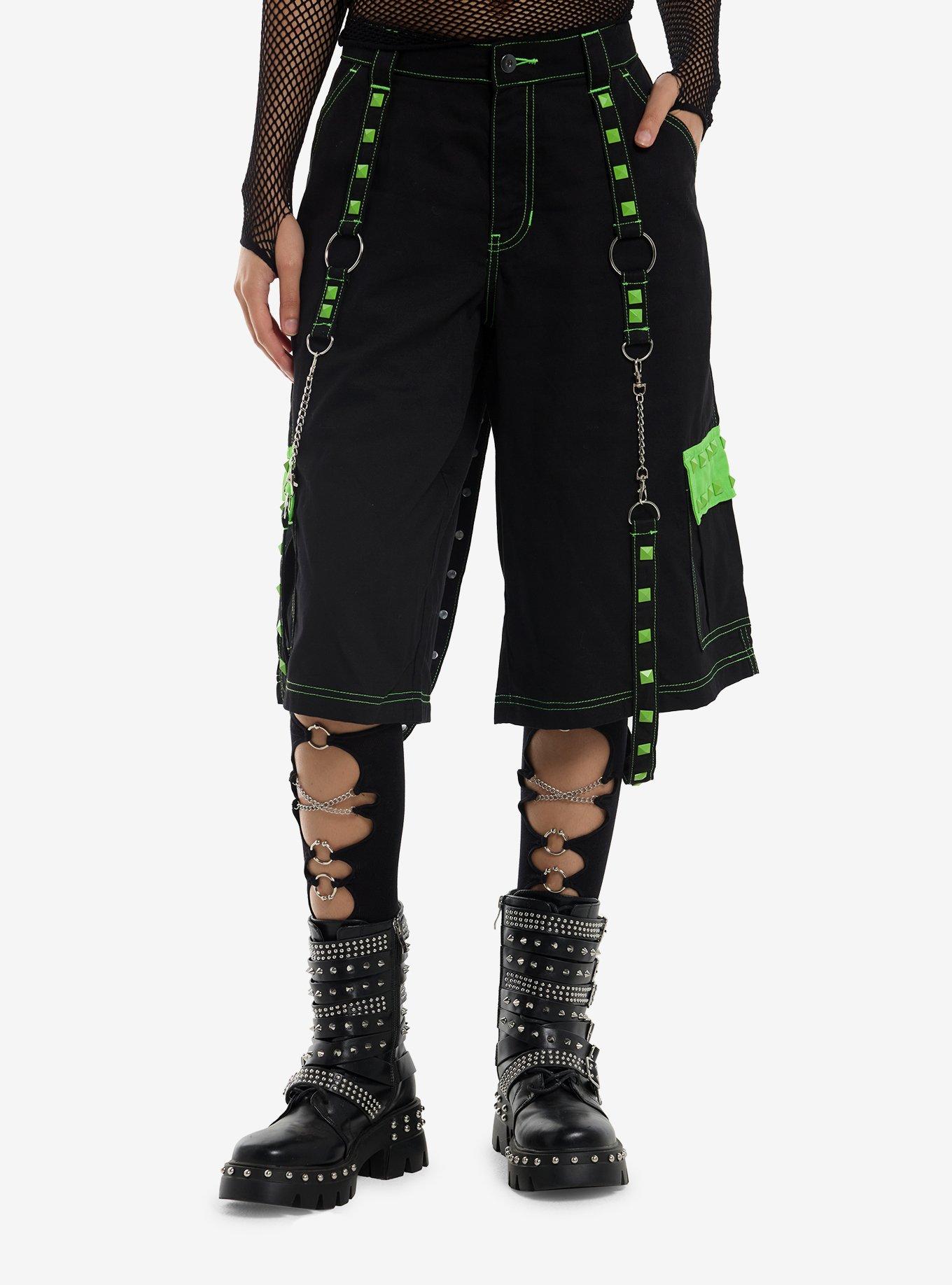 Black & Neon Green Studded Suspender Girls Jorts, , hi-res