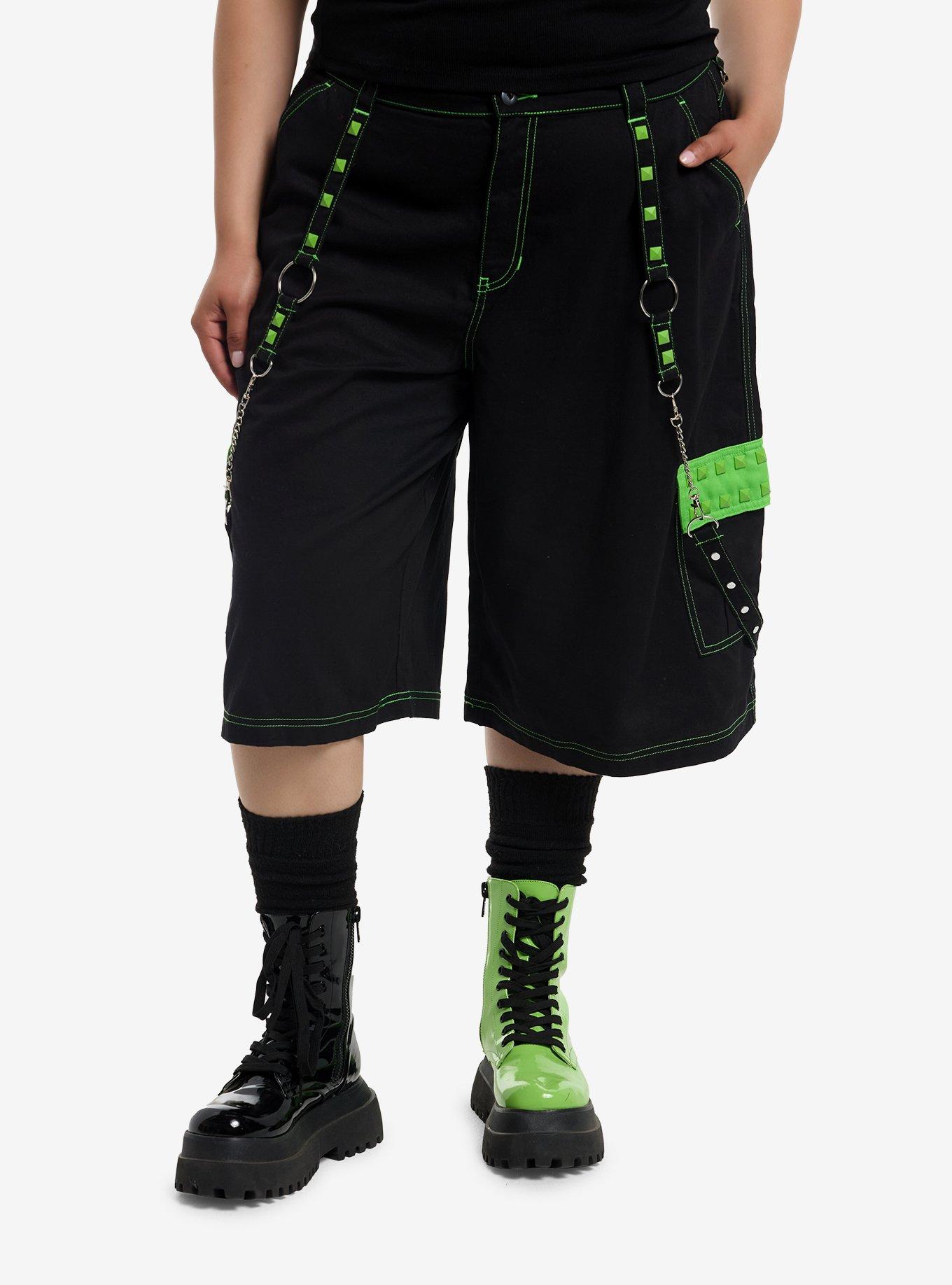 Black & Neon Green Studded Suspender Jorts Plus Size, , hi-res