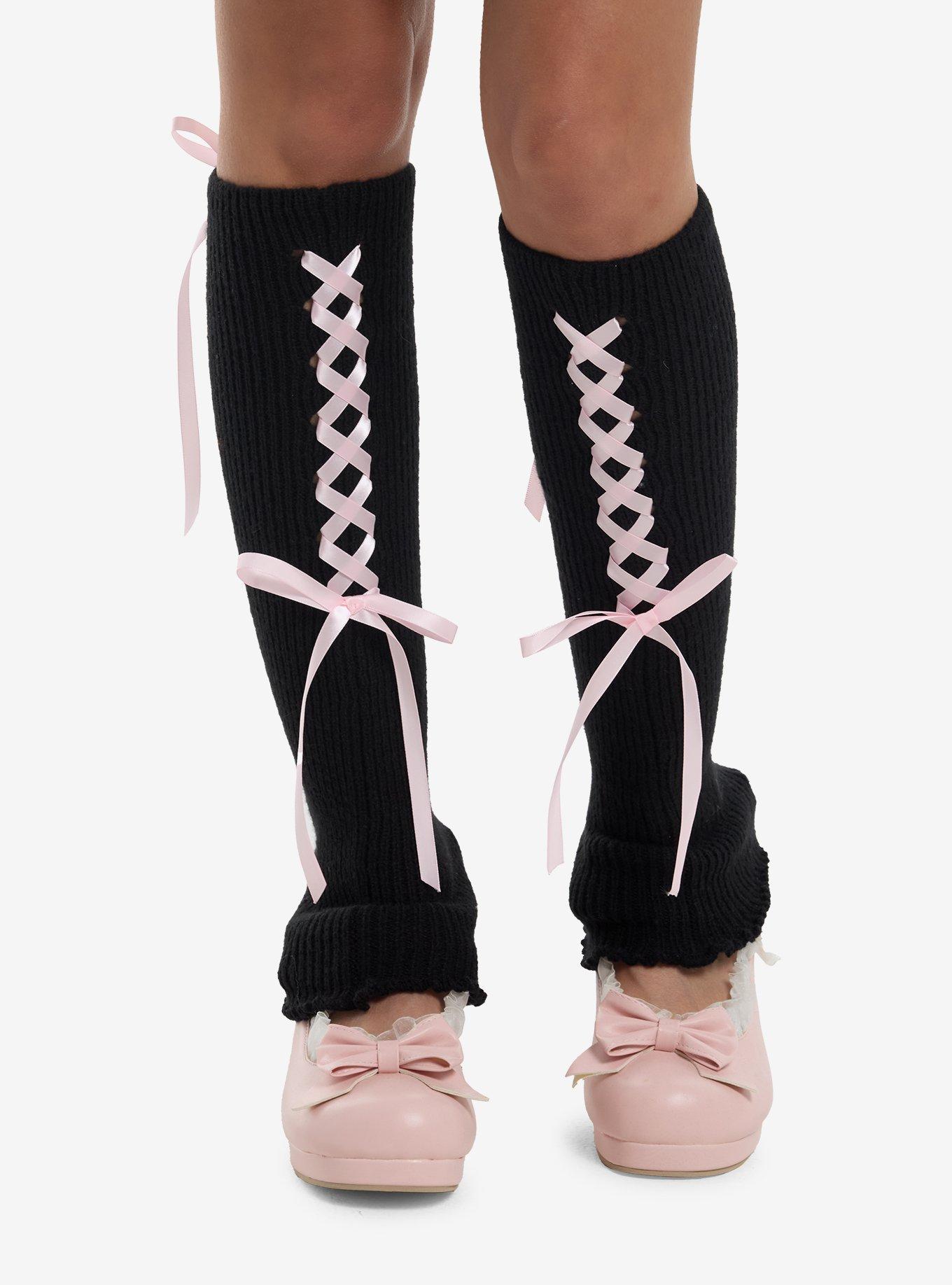 Black & Pink Lace-Up Leg Warmers, , hi-res