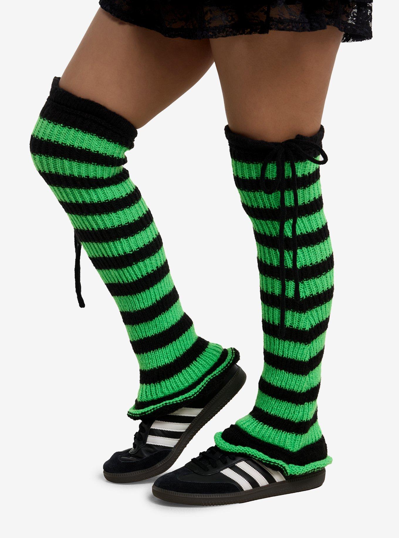 Black & Neon Green Stripe Flared Leg Warmers, , hi-res