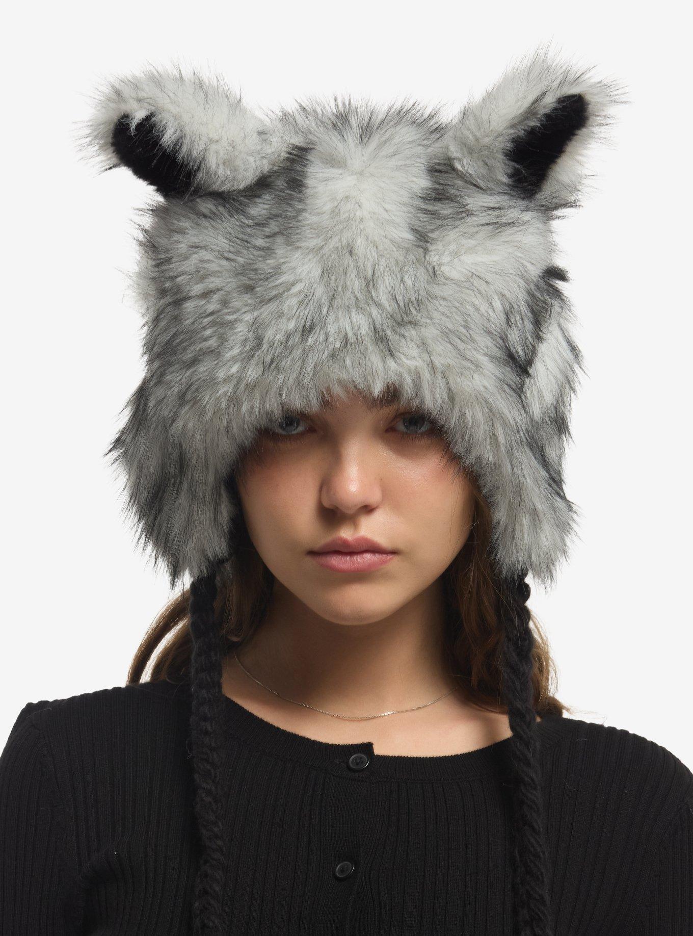Grey Wolf Ears Fuzzy Tassel Beanie, , hi-res