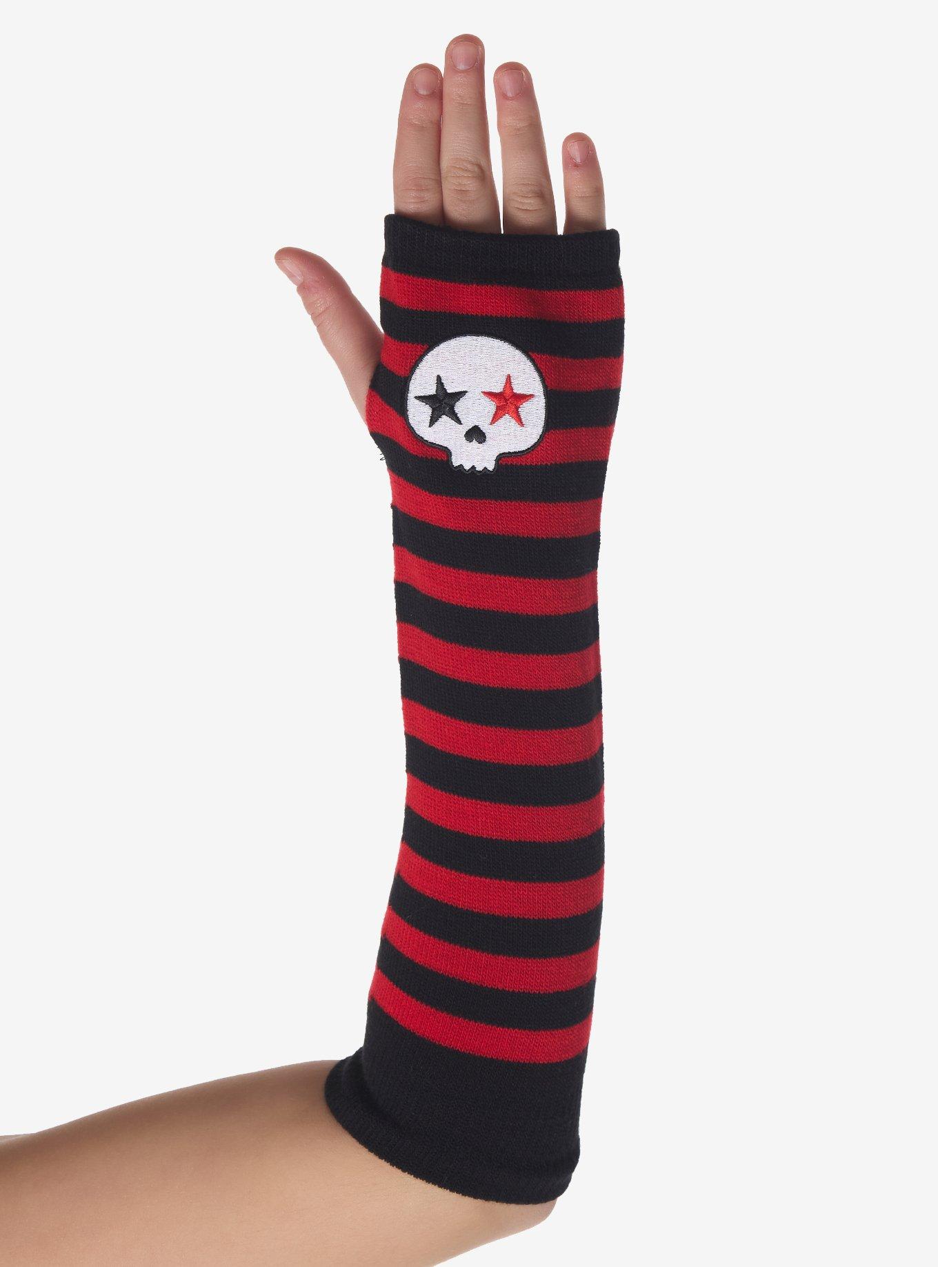Red & Black Stripe Skull Arm Warmers, , hi-res
