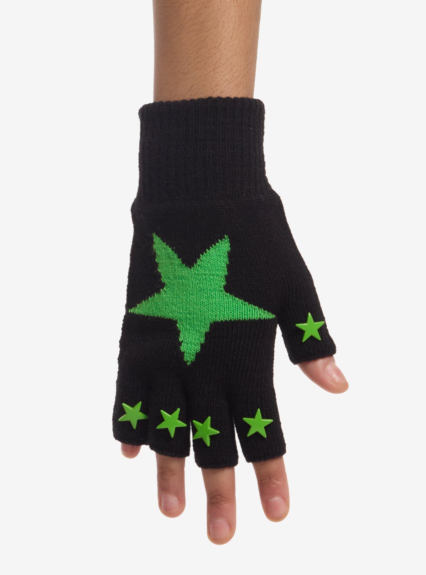 Black & Neon Green Star Fingerless Gloves, , hi-res