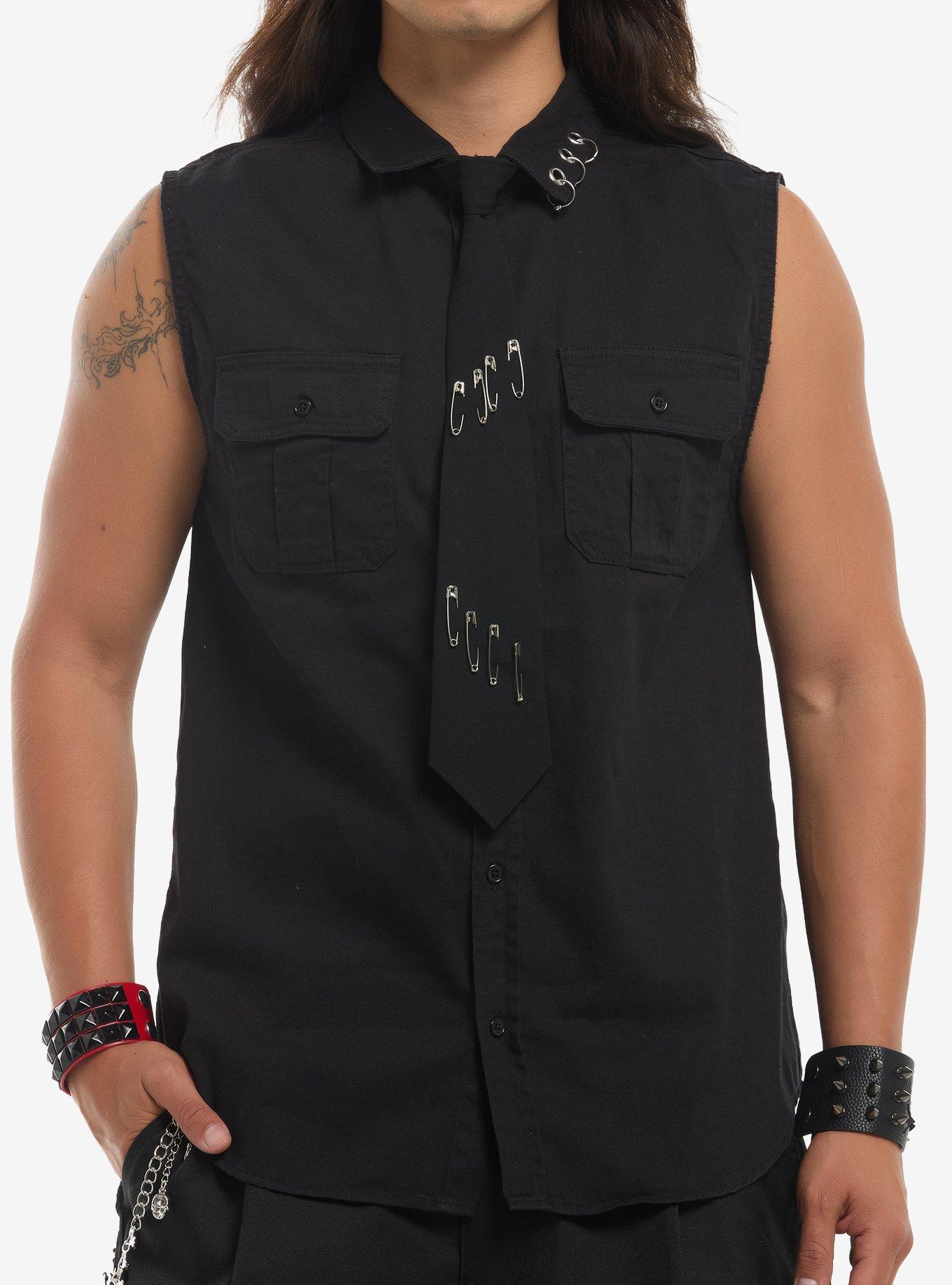 Black Pierced Sleeveless Woven Button-Up With Tie, , hi-res