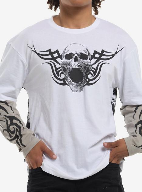 Cyber Skull White & Grey Twofer Long-Sleeve T-Shirt | Hot Topic