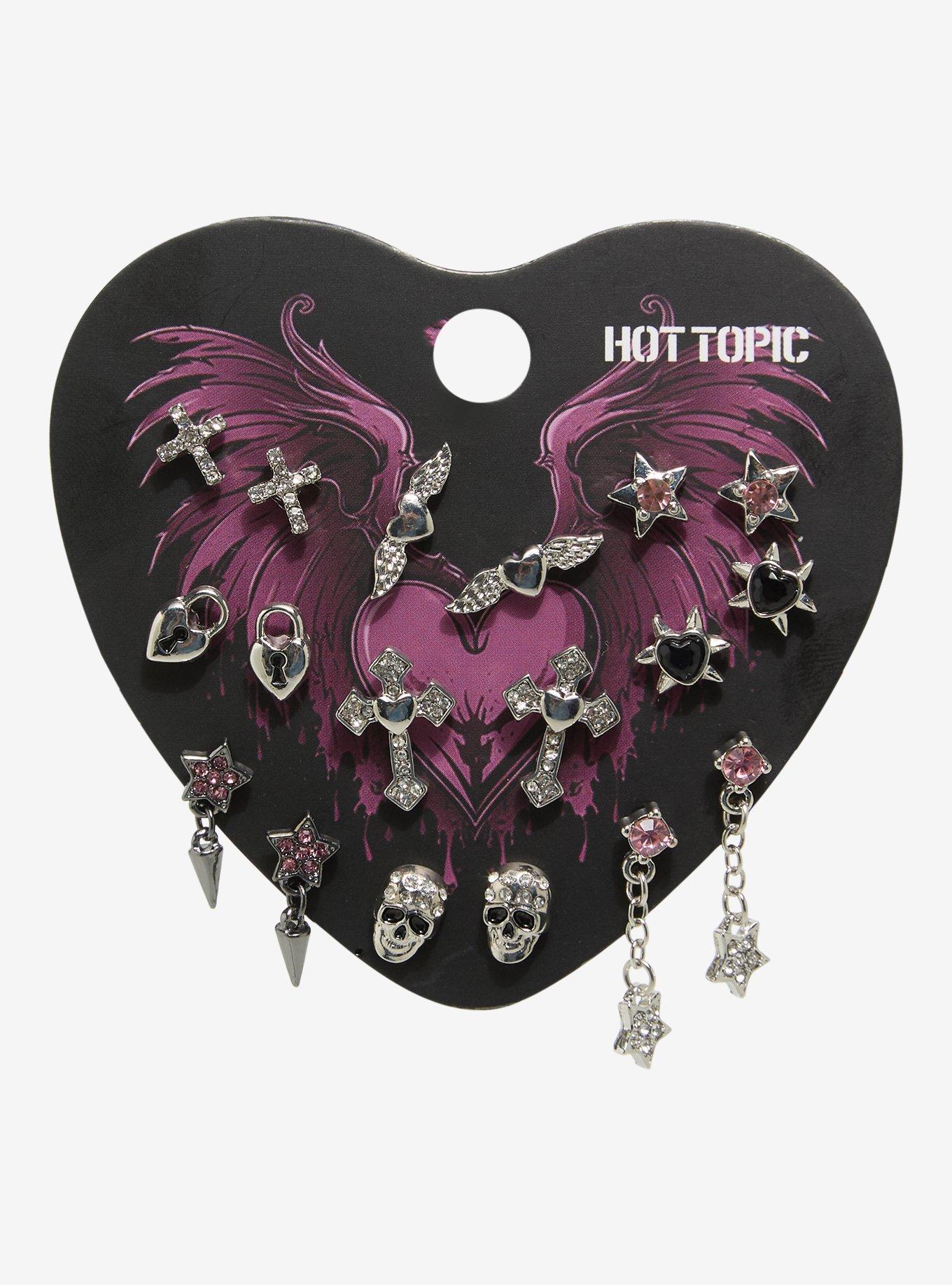 Cross Winged Heart Star Rhinestone Stud Earring Set, , hi-res