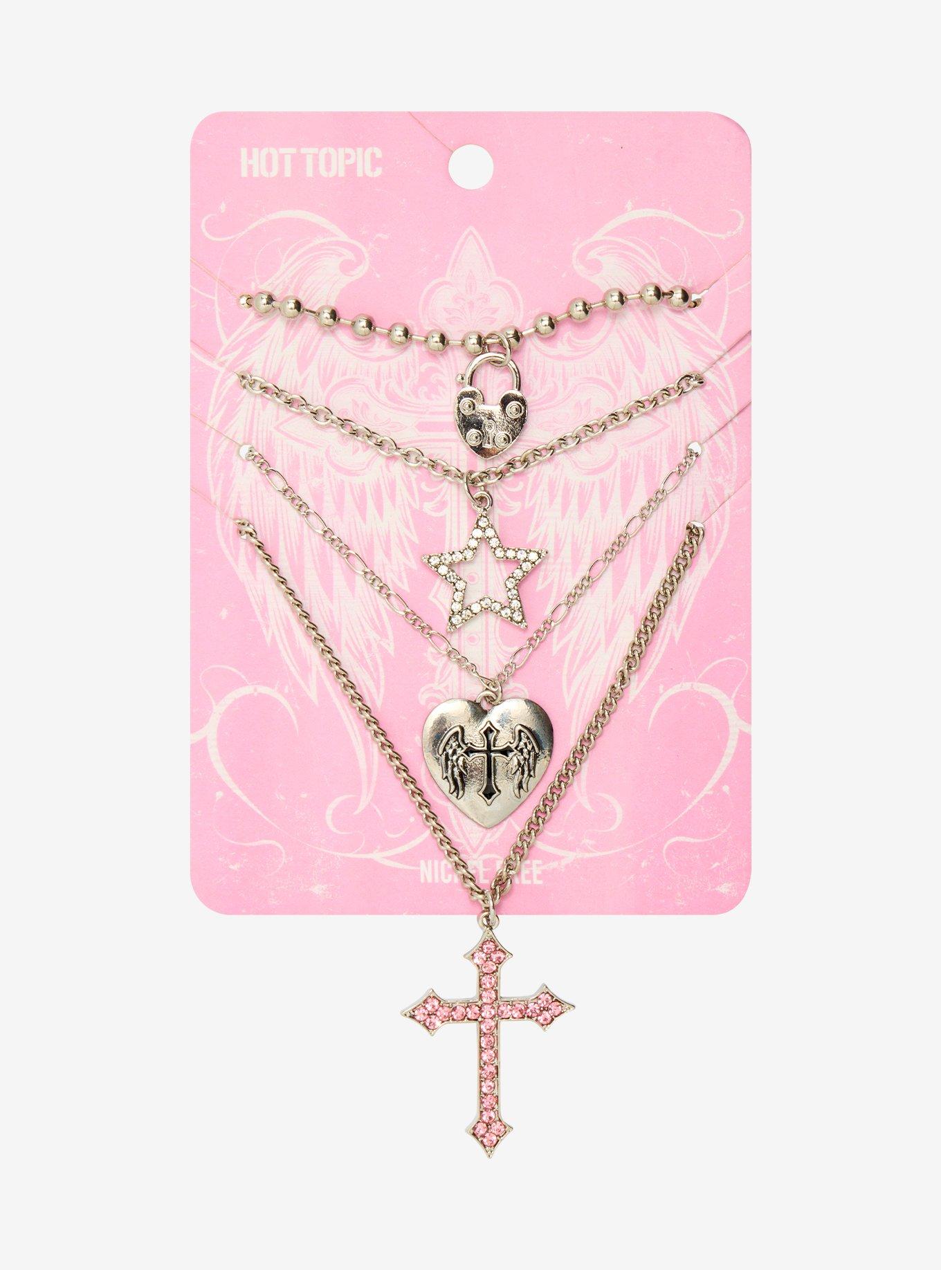 Pink Rhinestone Cross Heart Necklace Set, , hi-res