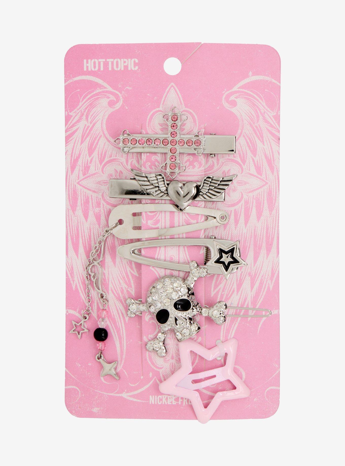 Pink Cross & Skull Hair Clip Set, , hi-res