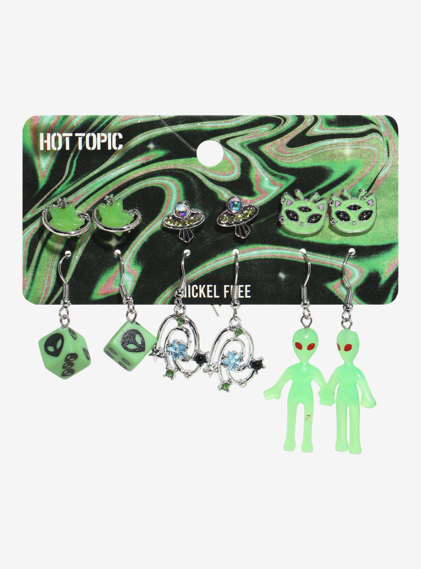 Green Alien Spaceship Earring Set, , hi-res