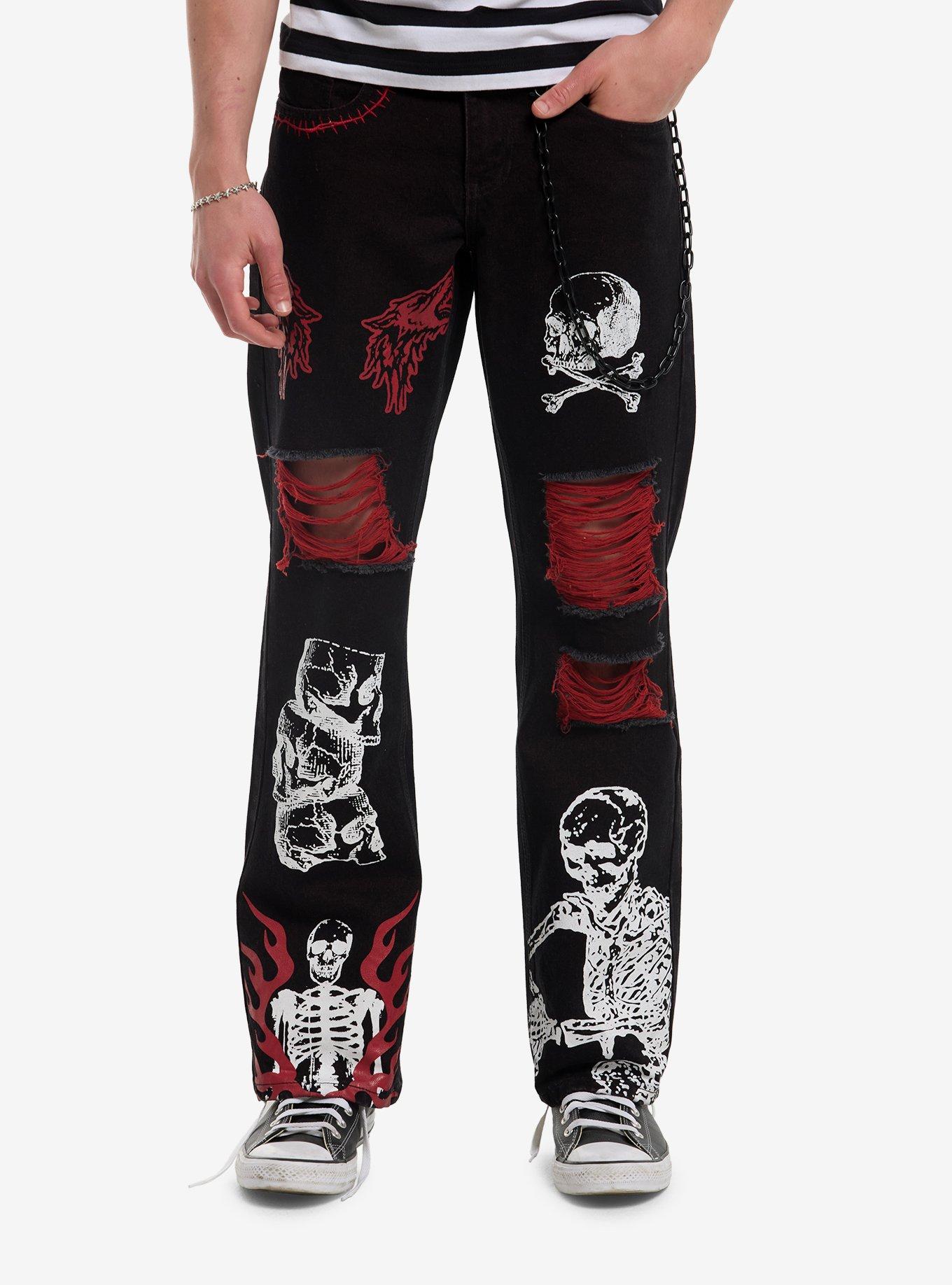 Skeleton Flame Destructed Side Chain Jeans, , hi-res