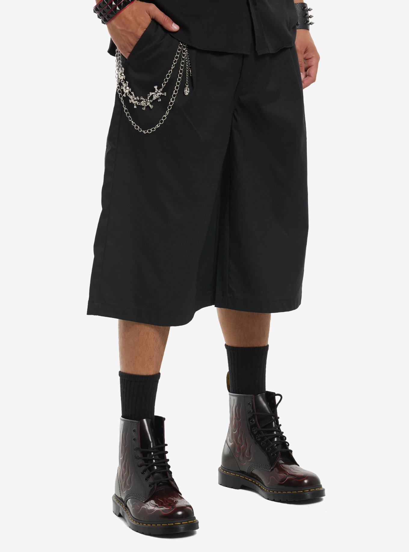 Black Pleated Extra Wide Jorts, , hi-res