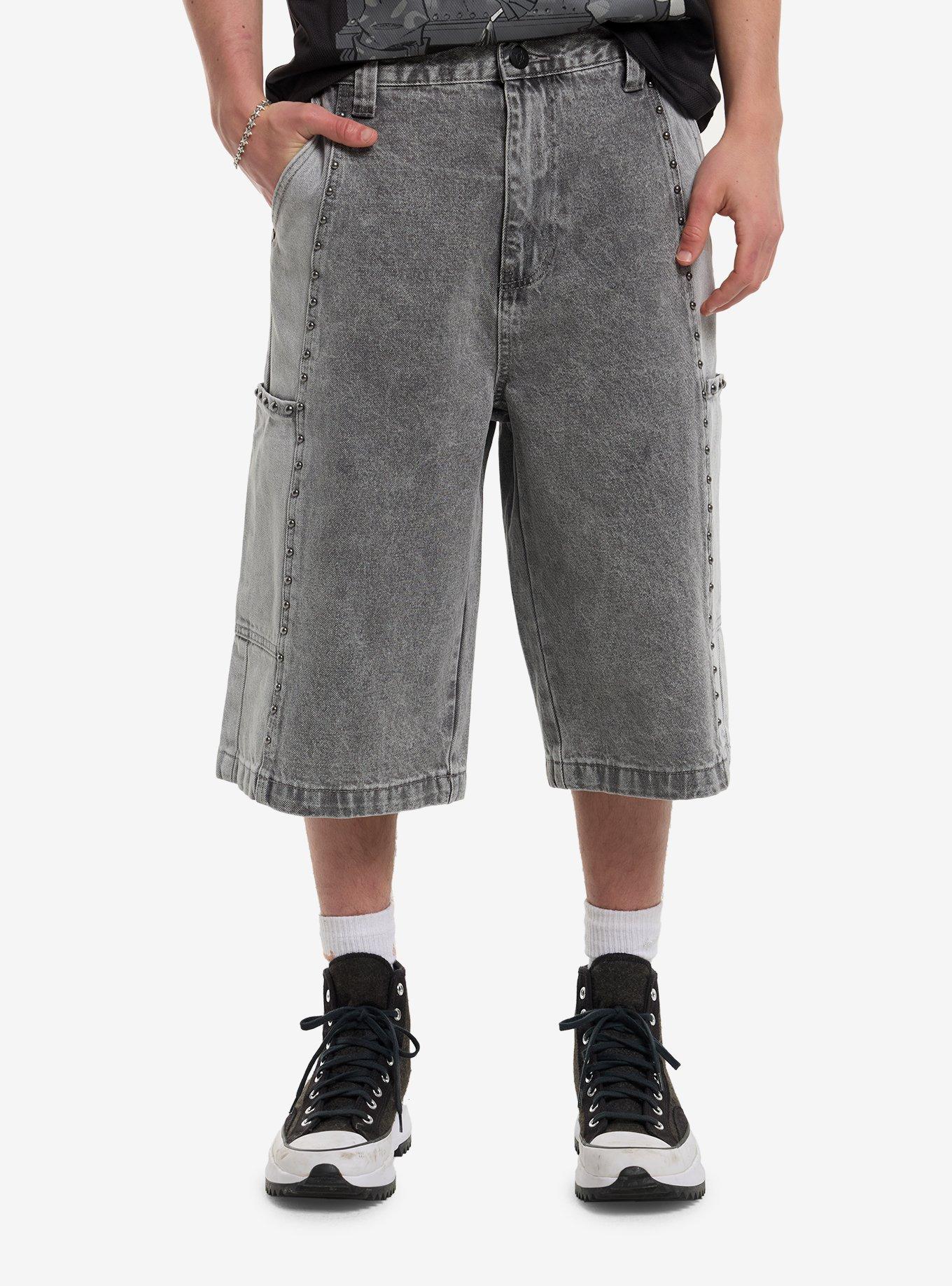 Grey Acid Wash Studded Jorts, , hi-res