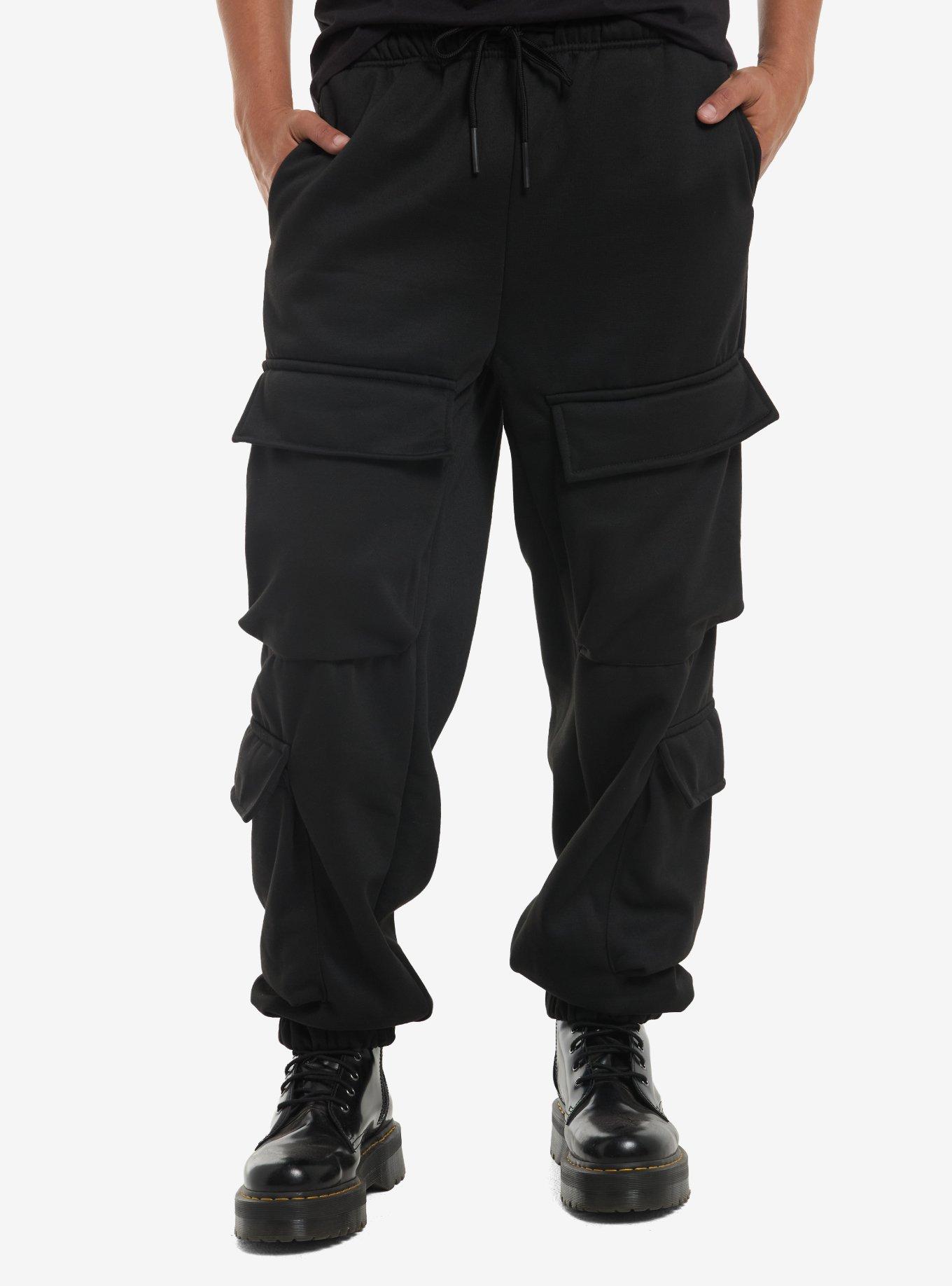 Black Cargo Jogger Sweatpants, , hi-res